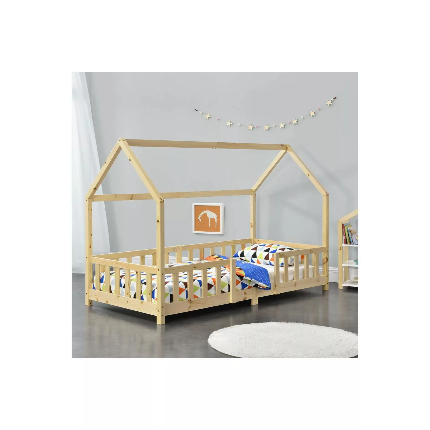Kinderbett Kiefer natur Liegefläche 90x200 cm SORO-100 Hausbett mit Rausfal günstig online kaufen