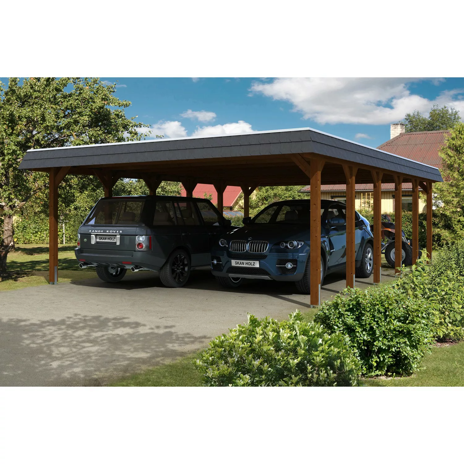 Skan Holz Carport Spreewald 585 cm x 893 cm schwarze Blende Nussbaum günstig online kaufen