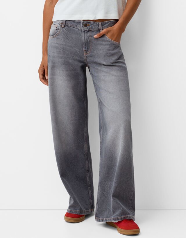 Bershka Low Waist Baggy-Jeans Damen 32 Grau günstig online kaufen