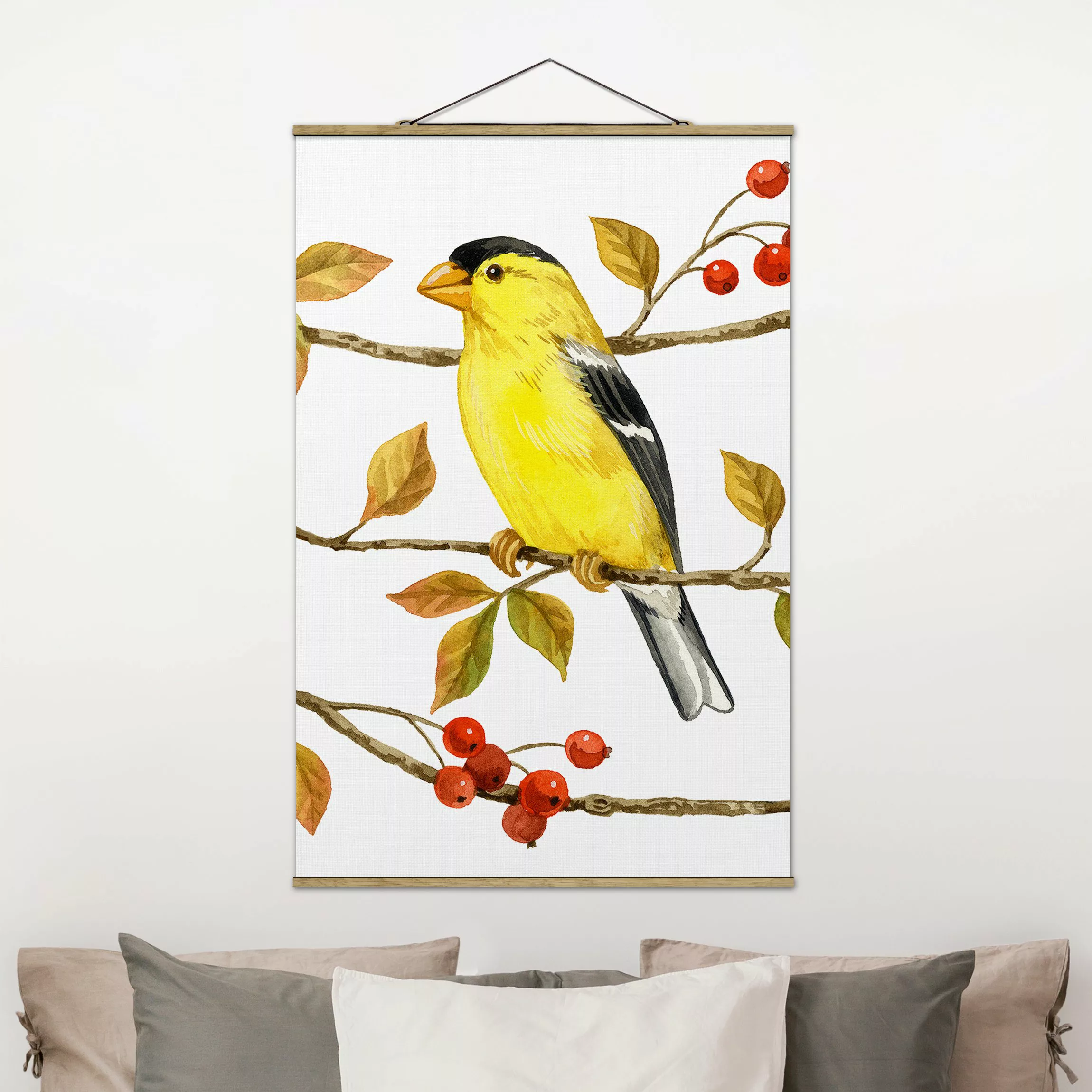 Stoffbild Tiere mit Posterleisten - Hochformat Vögel und Beeren - Goldzeisi günstig online kaufen