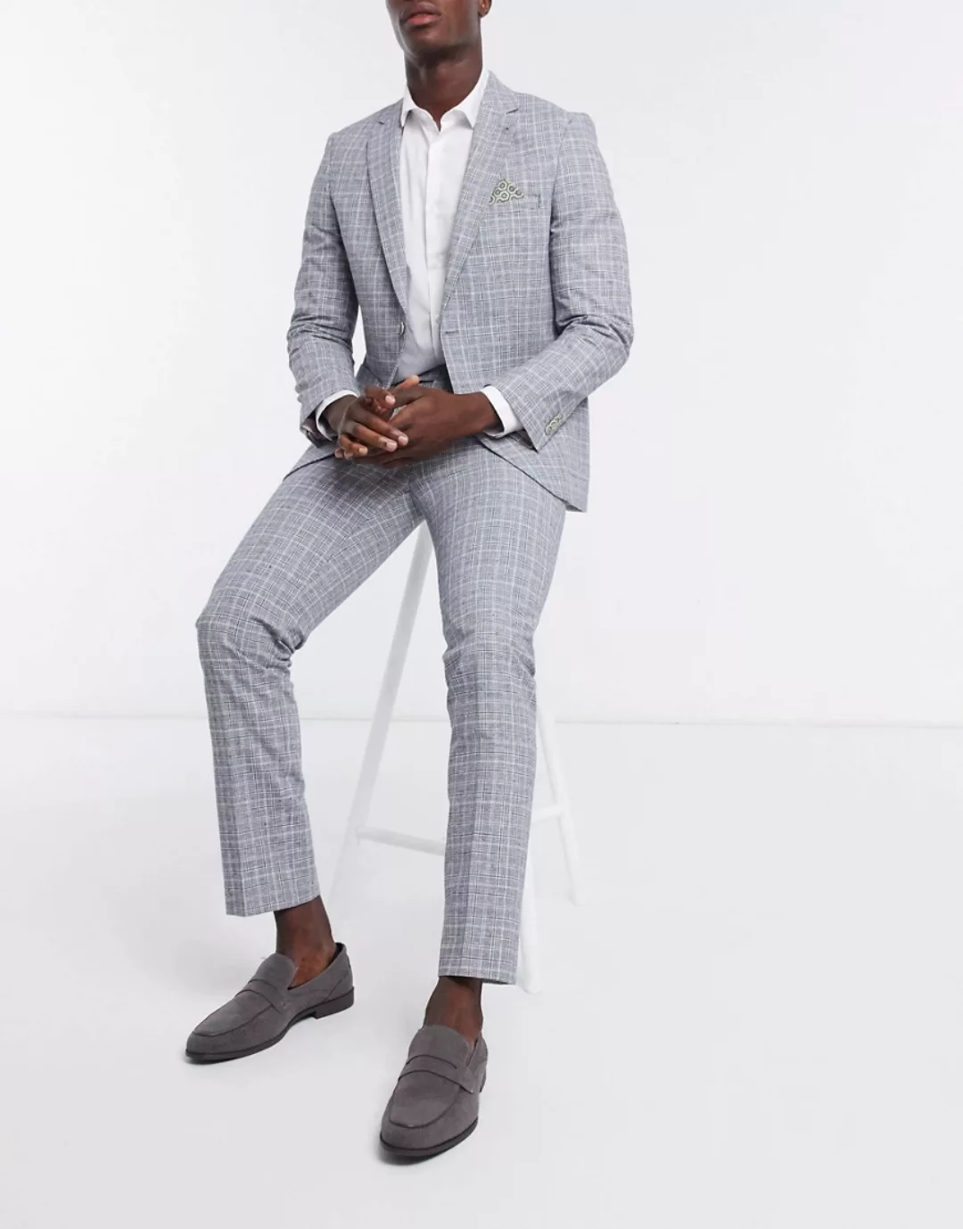 Harry Brown – Karierte, schmal geschnittene Anzughose aus Leinen in Grau günstig online kaufen
