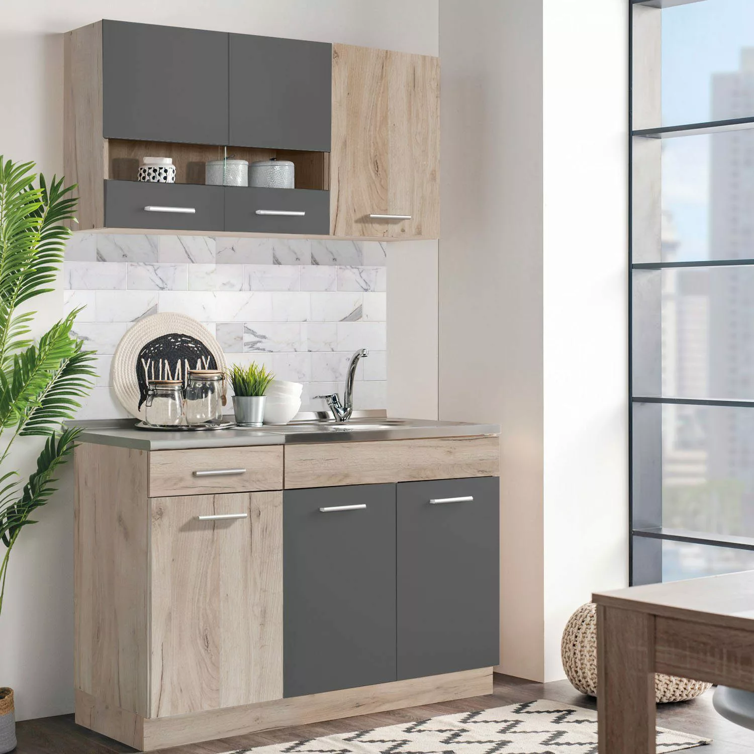 Homestyle4u Küchenzeile ohne Geräte 120 cm Eiche matt 2359 günstig online kaufen