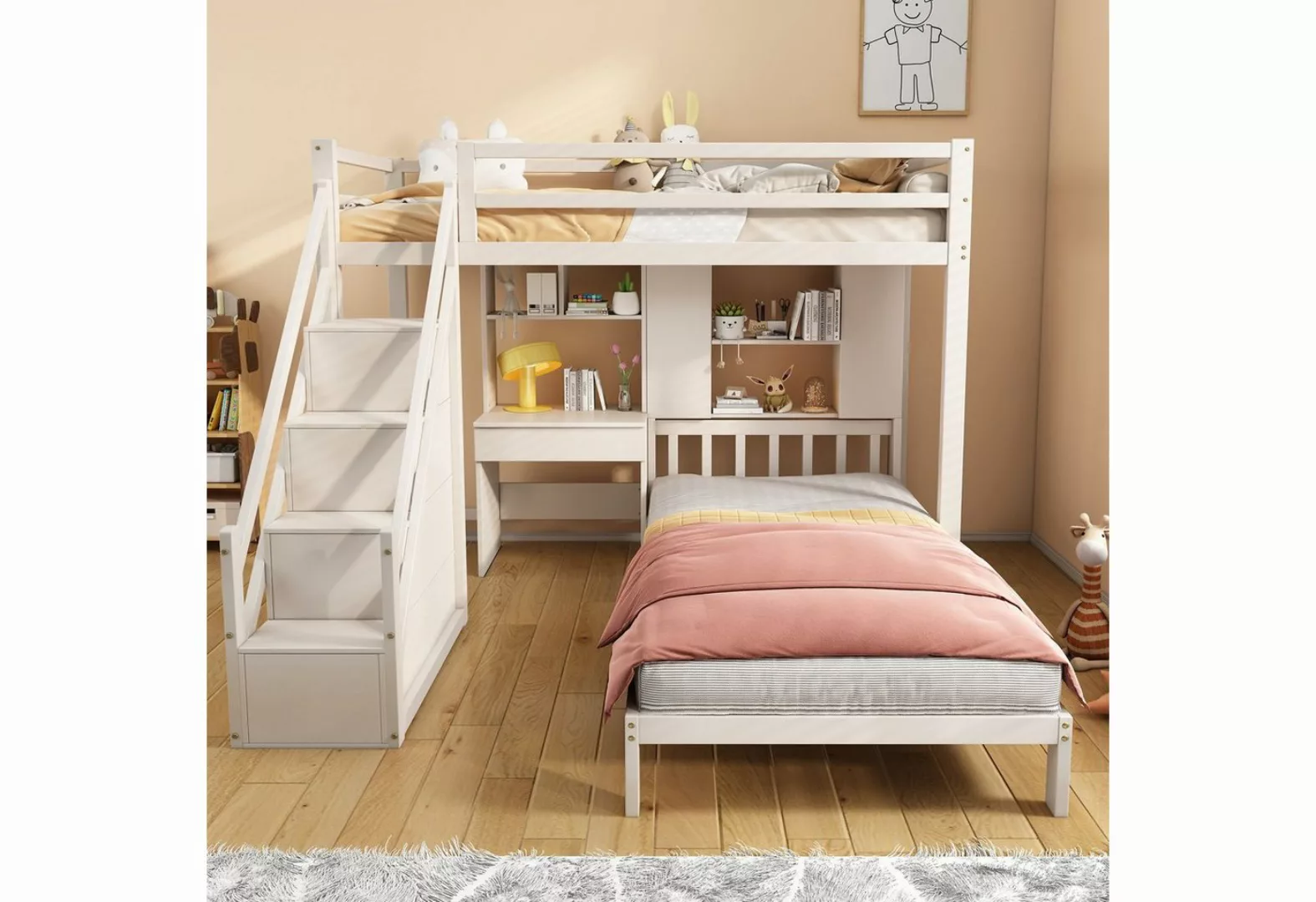 OKWISH Etagenbett Doppelbett Kinderbett (mit Schreibtisch und Regale, mit L günstig online kaufen