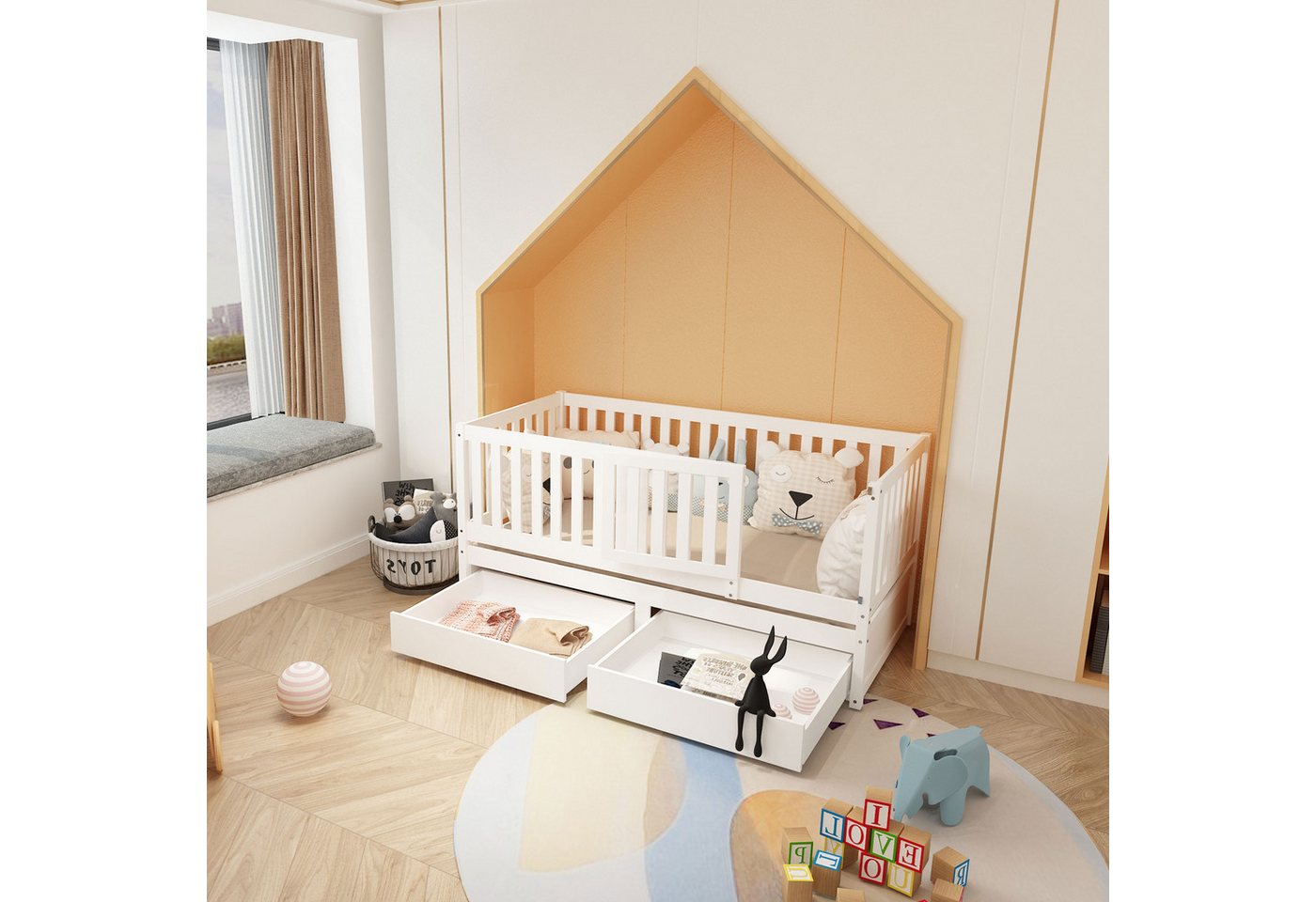 WISHDOR Kinderbett Jugendbett Massivholzbett Einzelbett (Holzbett mit Volla günstig online kaufen