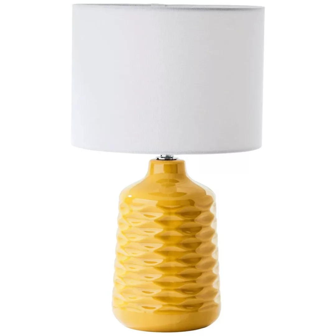 Tischlampe Ilysa Stoffschirm weiß, Keramikfuß gelb günstig online kaufen