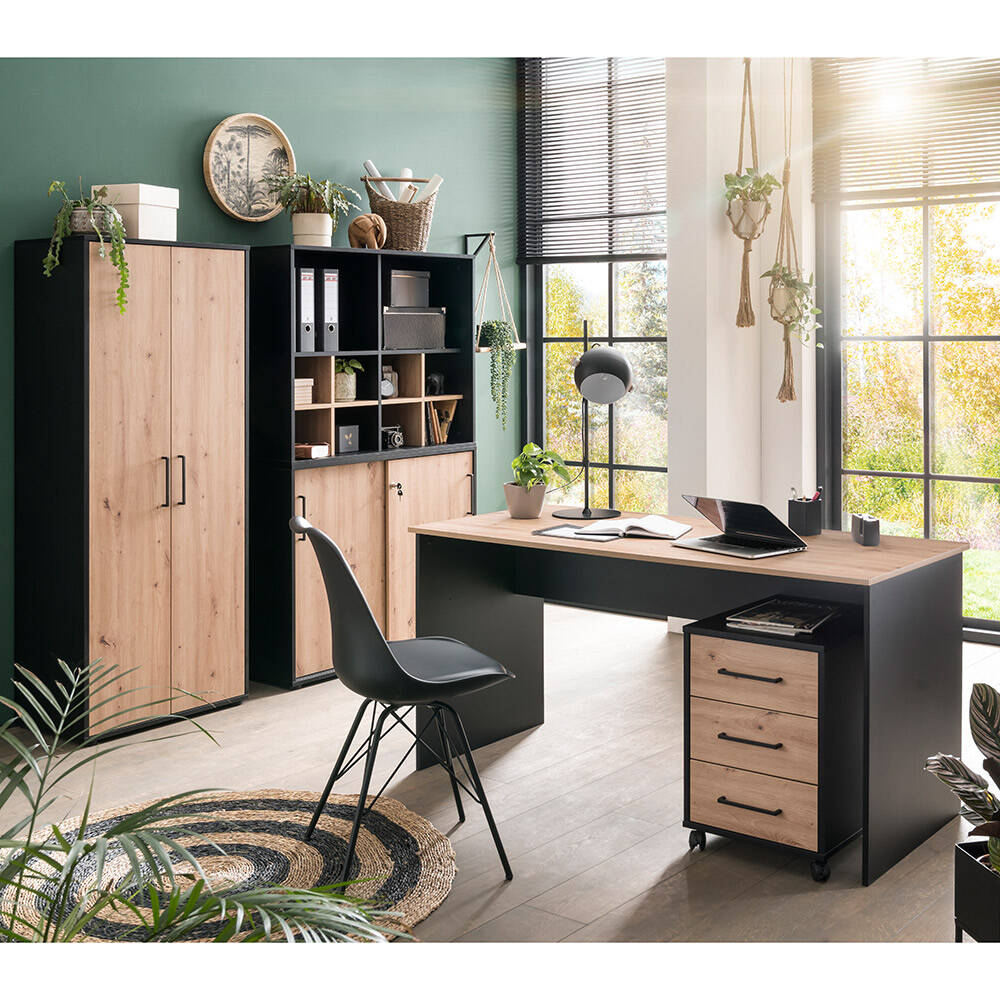 Büromöbel Set 7-teilig ALNWICK-80 in schwarz mit Eiche günstig online kaufen