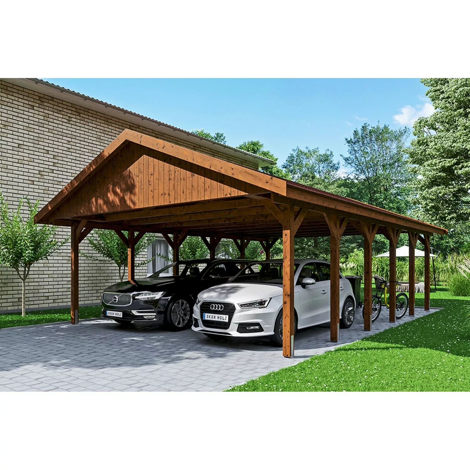 Satteldach-Carport Wallgau Nussbaum 620 x 900 cm rote Schindeln günstig online kaufen