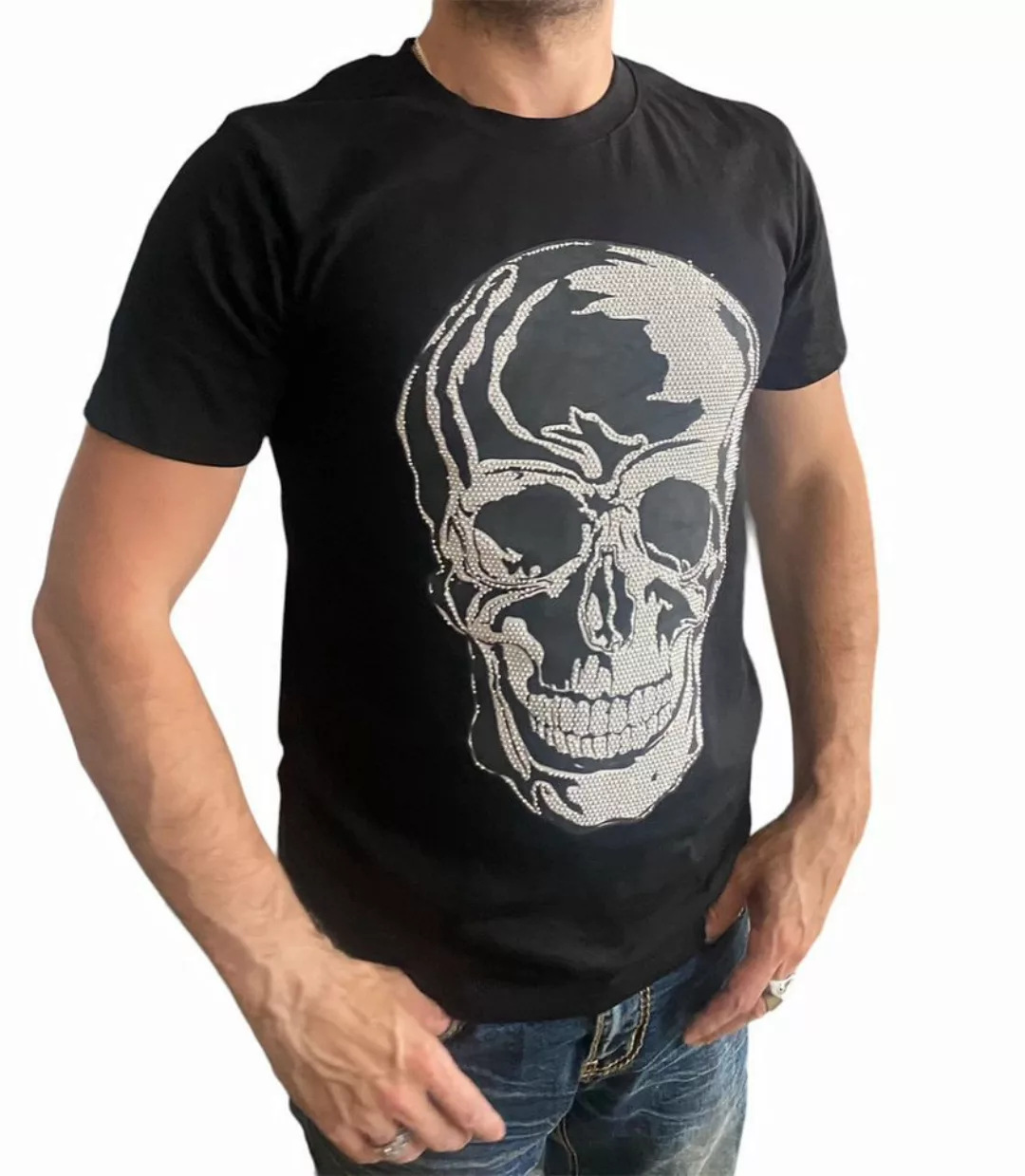 Aaron Bane Kurzarmshirt Totenkopf T Shirt Glitzer Skull tshirt mit Strass S günstig online kaufen