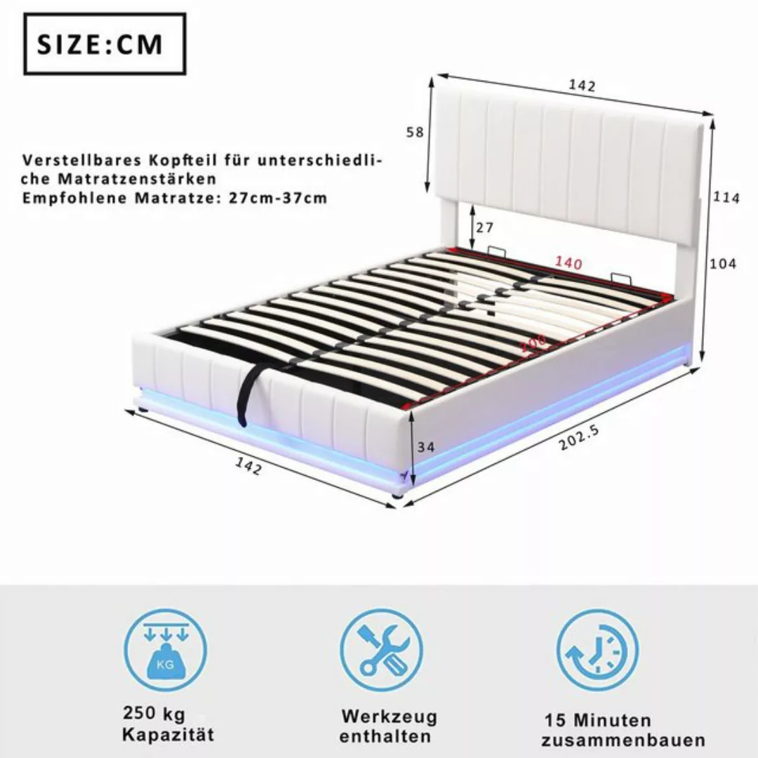 Ulife Polsterbett Hydraulisches Stauraumbett Doppelbett mit LED, Polsterkop günstig online kaufen