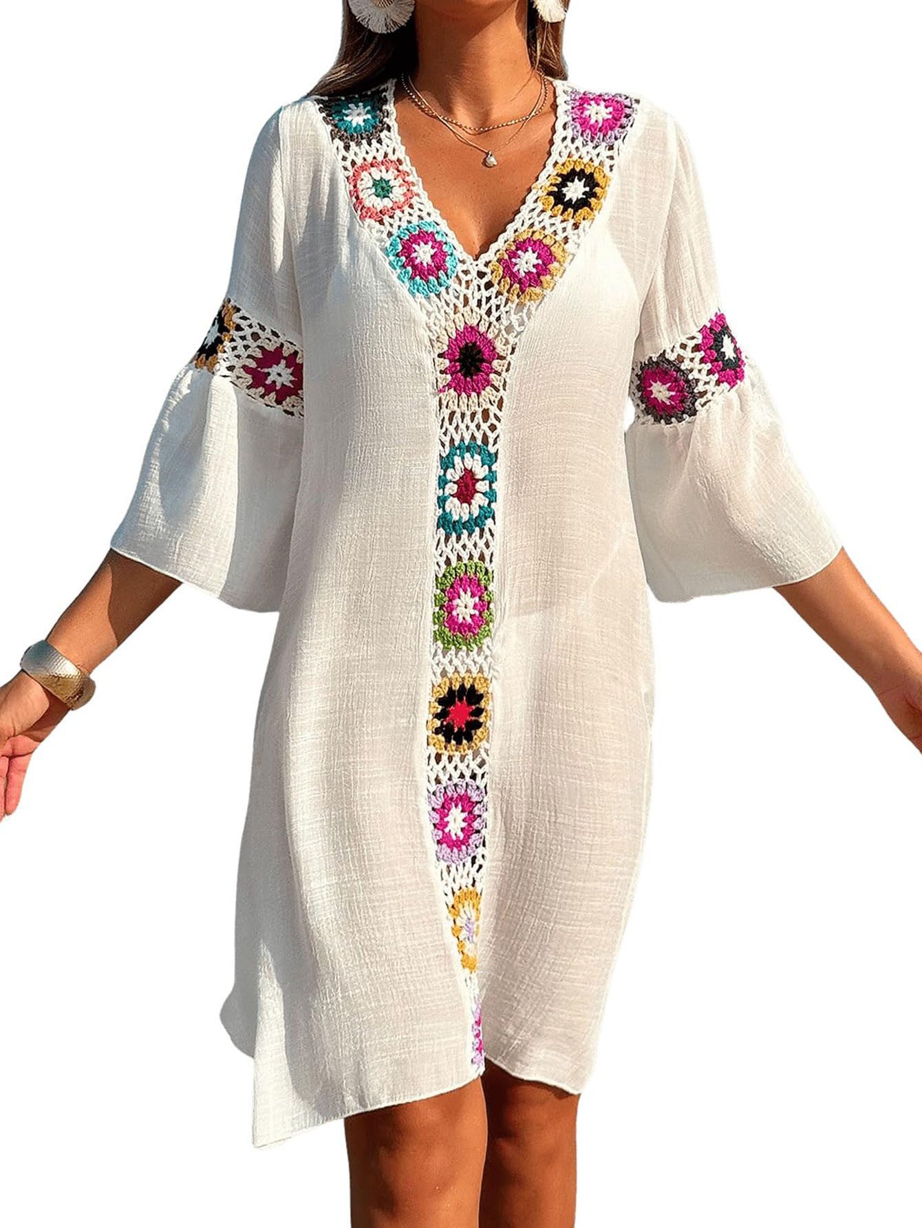 RWEUOQ Blusenkleid Floral gehäkelte Strandbluse, V-Ausschnitt günstig online kaufen