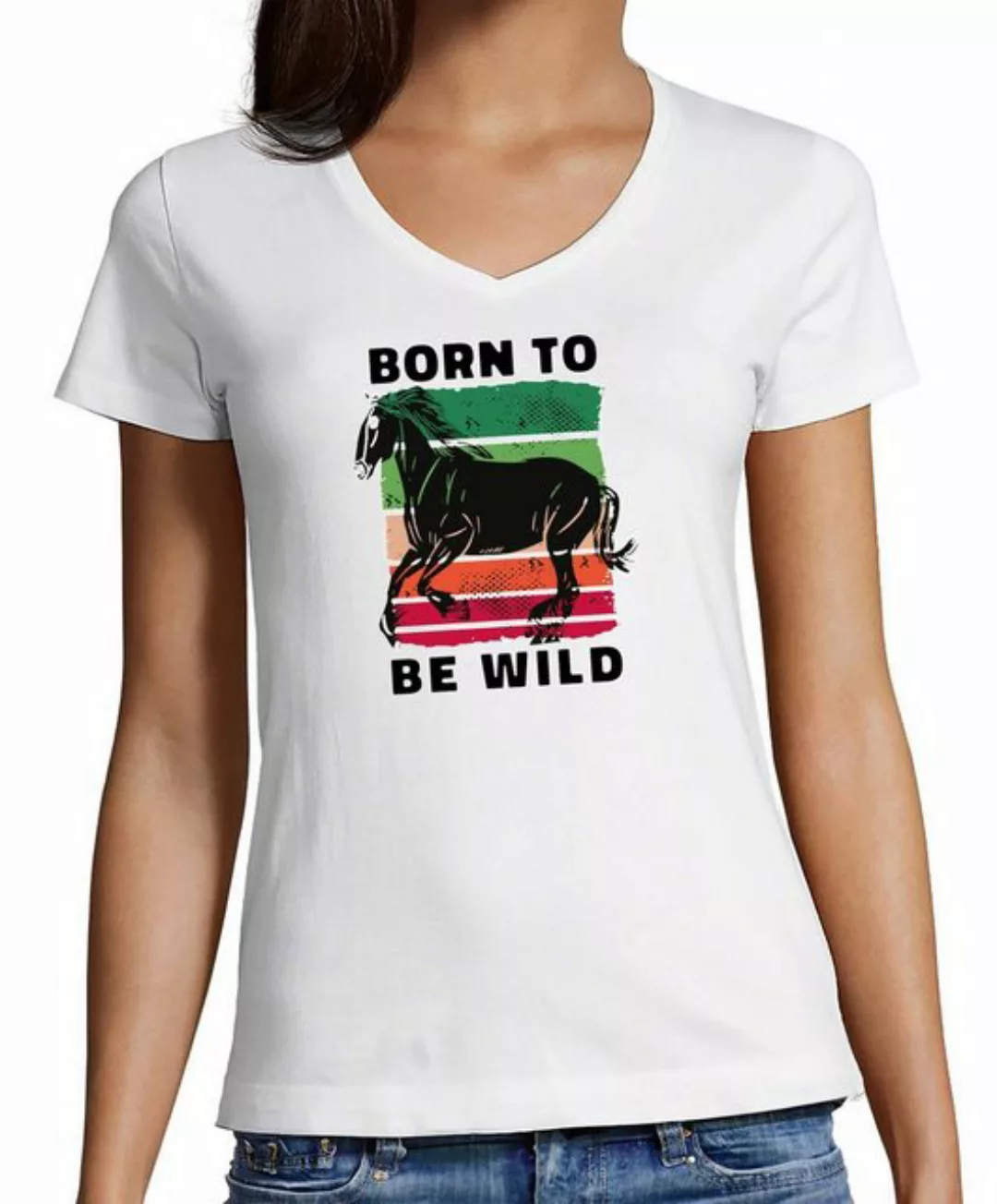 MyDesign24 T-Shirt Damen Pferde Print Shirt - Born to be wild V-Ausschnitt günstig online kaufen
