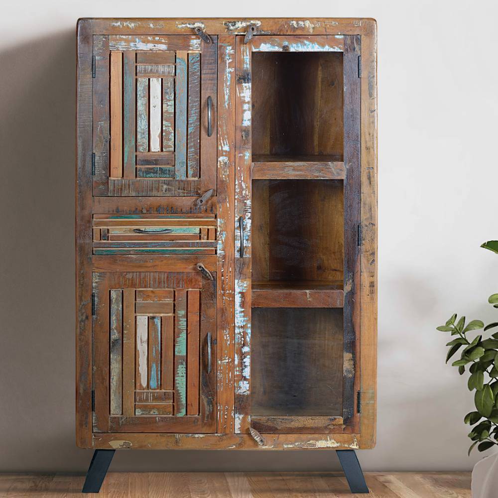 Highboard Holzschrank massiv im Shabby Chic Stil mit drei Einlegeböden günstig online kaufen