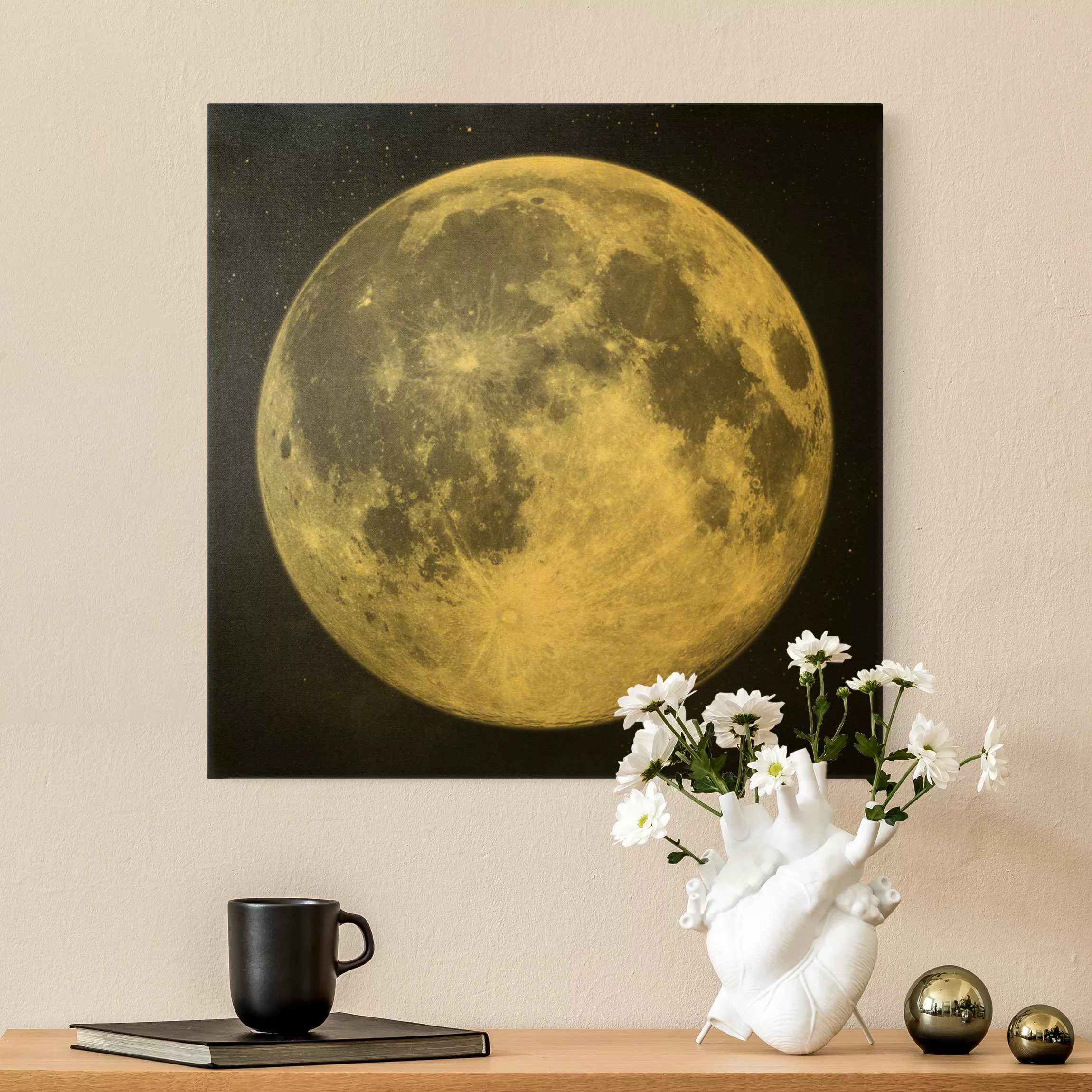 Leinwandbild Gold Vollmond im Sternenhimmel Schwarz Weiß günstig online kaufen