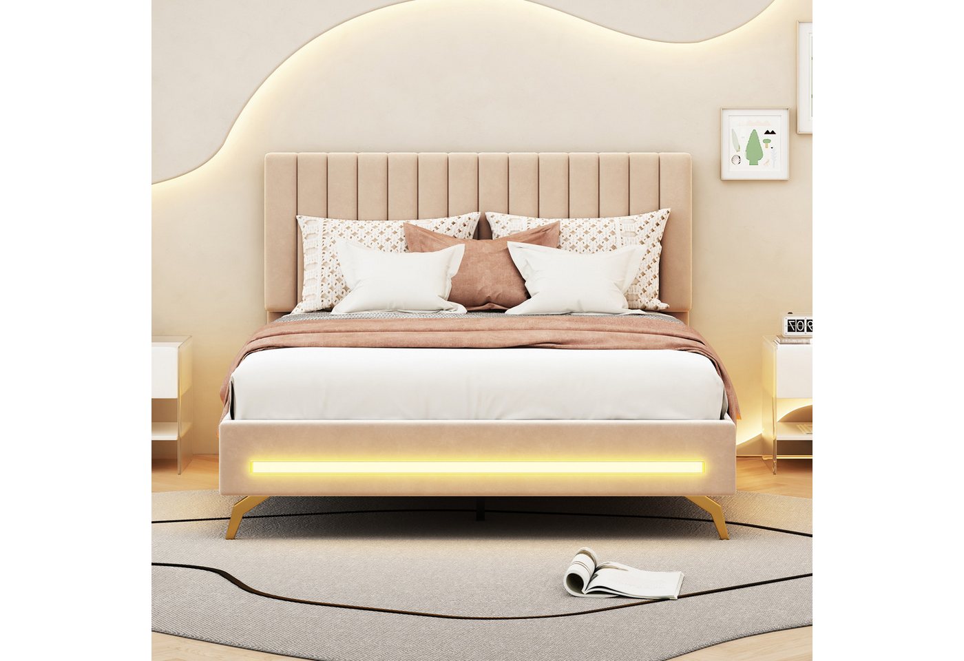 IDEASY Polsterbett Doppelbett, 140 x 200 cm, LED-Licht, Samtstoff, mit vers günstig online kaufen