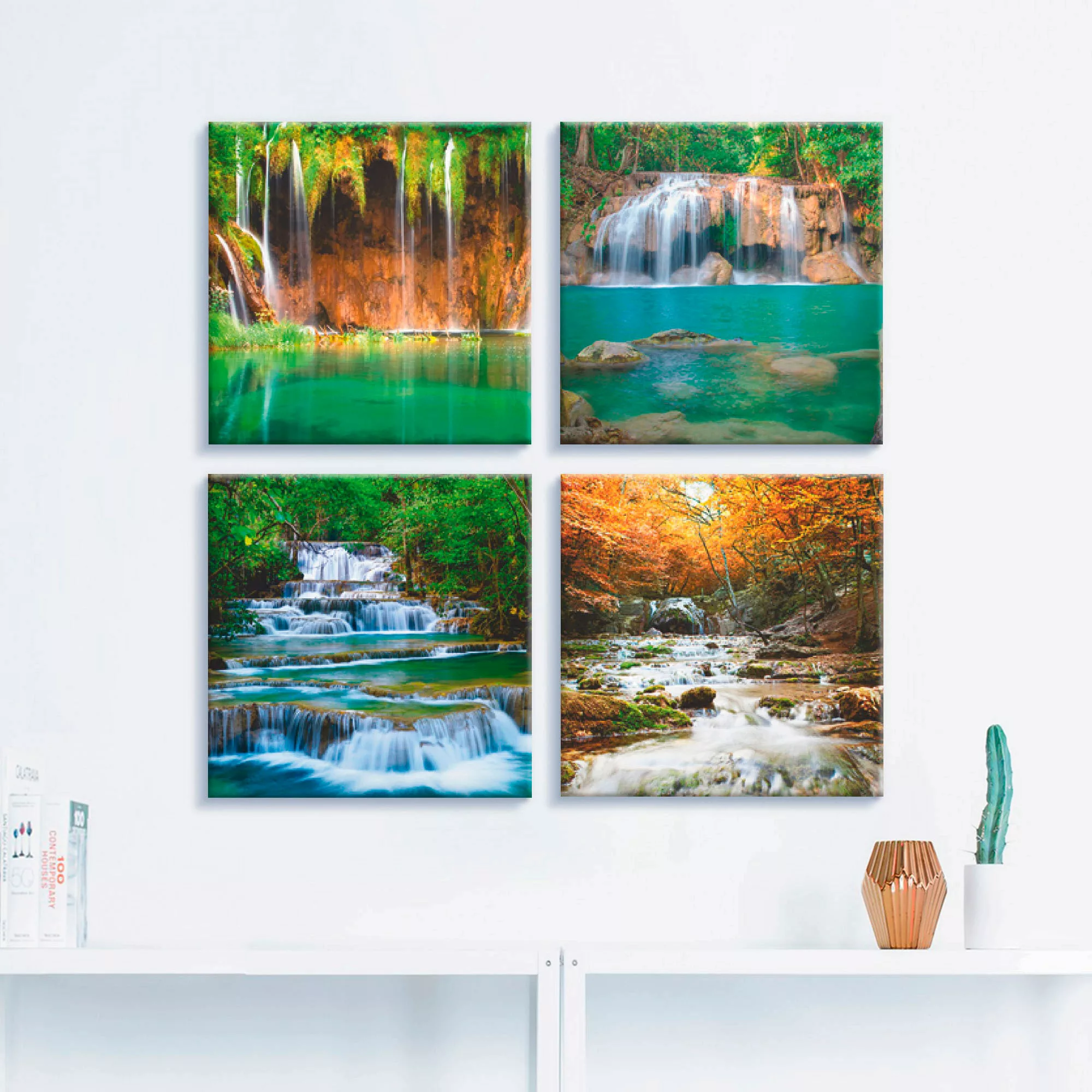 Artland Leinwandbild "Schöner Wasserfall im Wald", Gewässer, (4 St.), 4er S günstig online kaufen