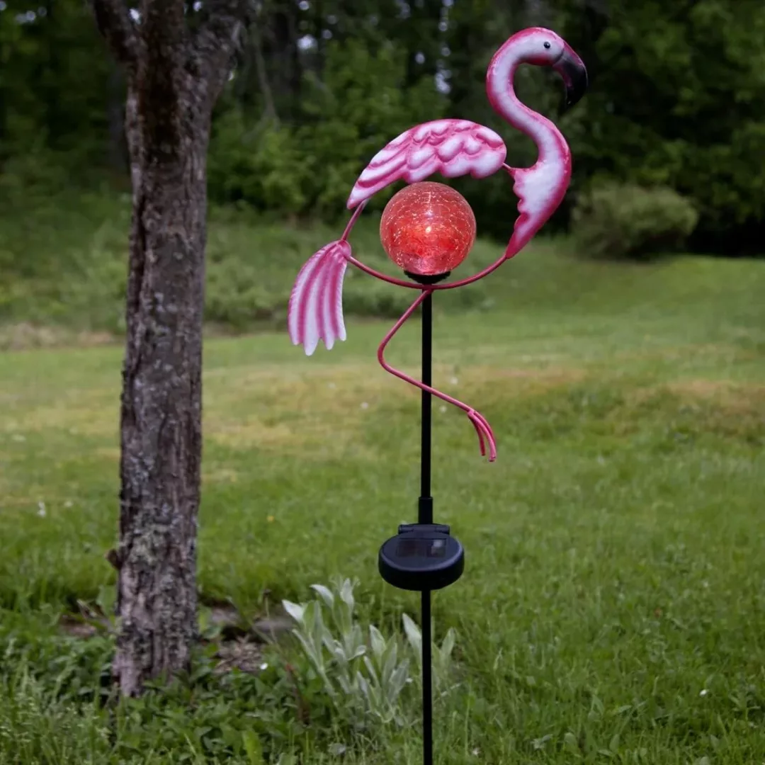 LED Solar Erdspießleuchte Flamingo, pink, Metall, Glas günstig online kaufen