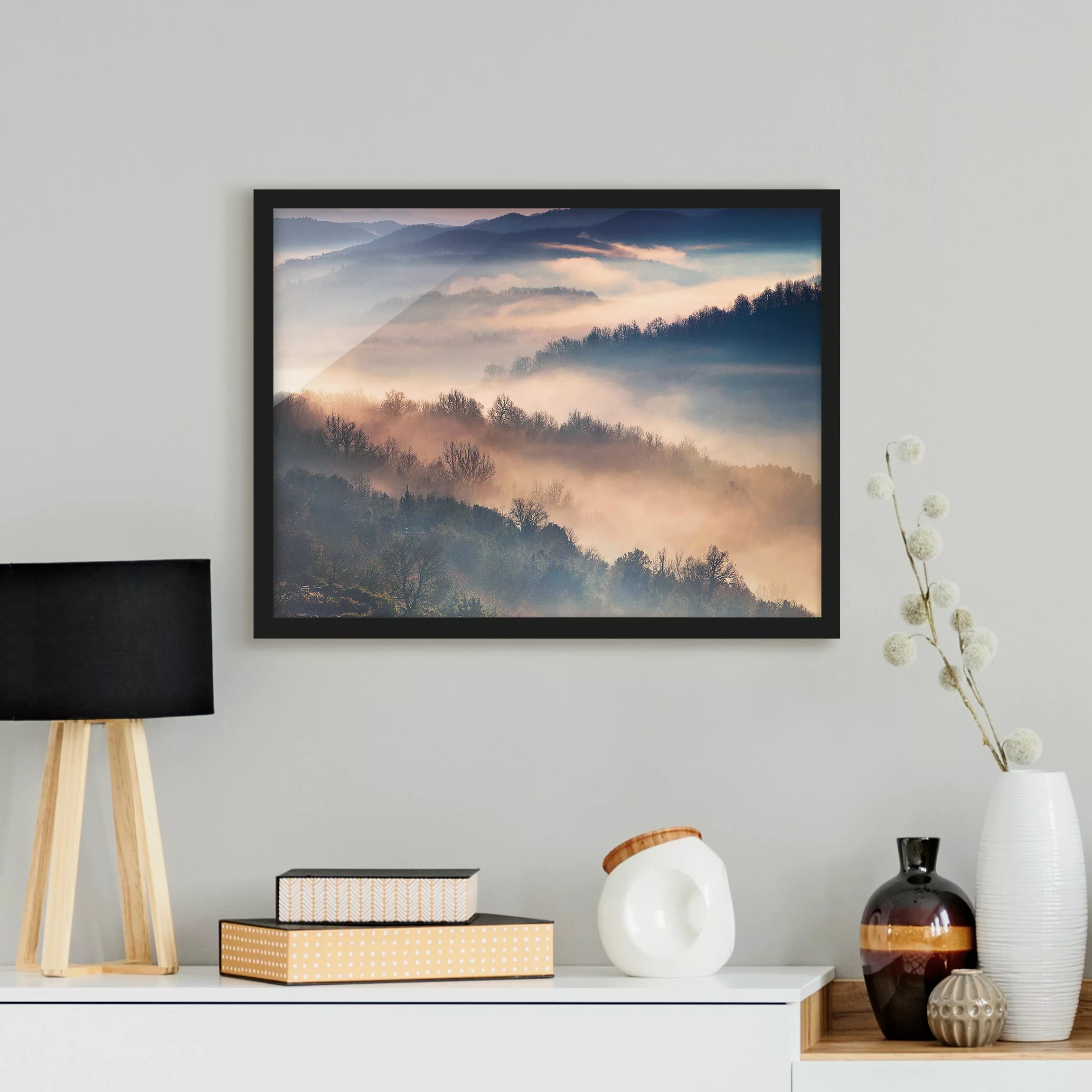 Wald Bild mit Rahmen Nebel bei Sonnenuntergang günstig online kaufen