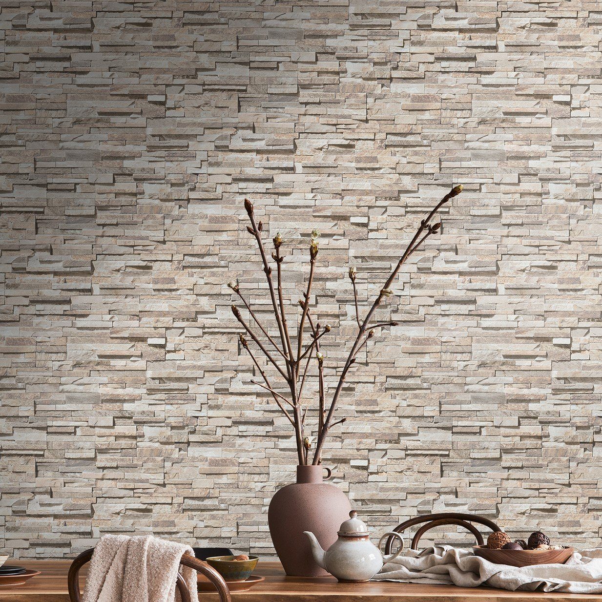Bricoflor Bruchstein Tapete Beige Ideal für Badezimmer und Wohnzimmer Moder günstig online kaufen