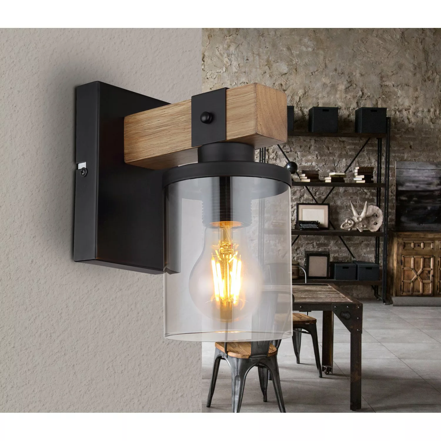 Wandleuchte Lila mit Holz-Ausleger und Glasschirm günstig online kaufen