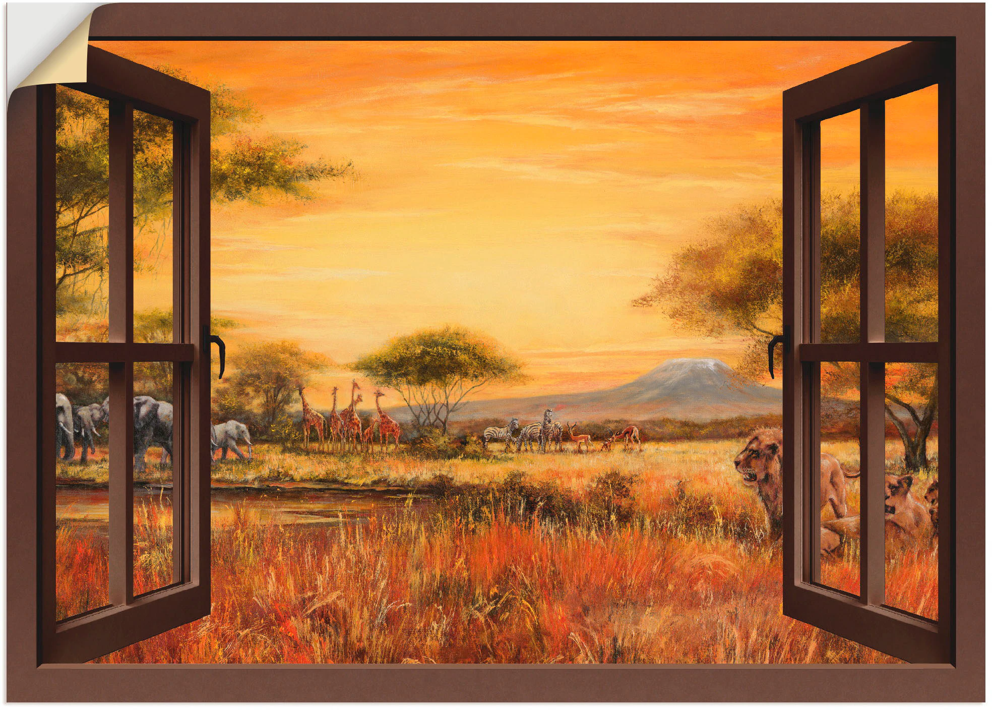 Artland Wandbild "Fensterblick Afrikanische Steppe Löwen", Fensterblick, (1 günstig online kaufen