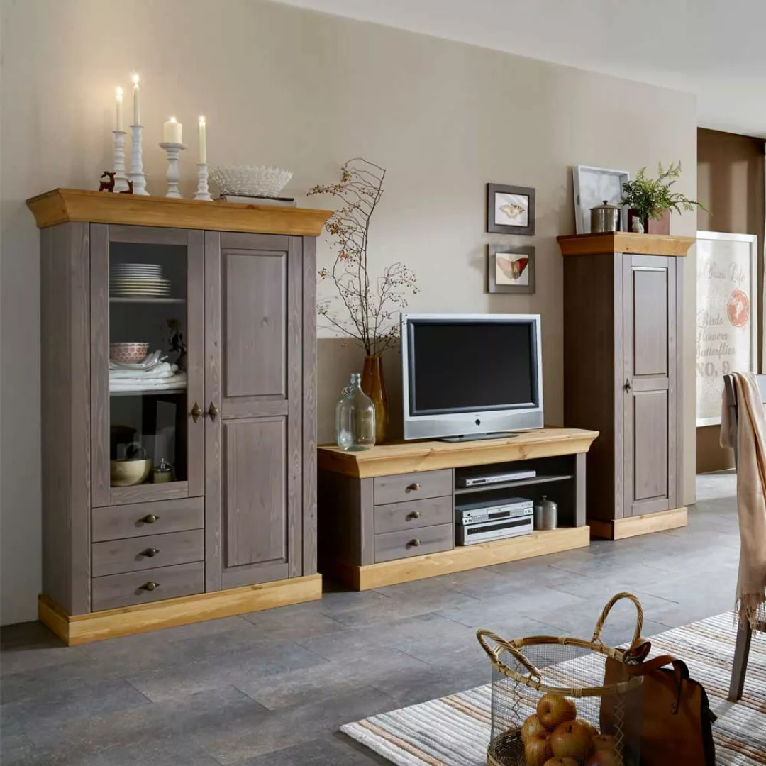 Wohnzimmer Anbauwand in Grau Kiefer teilmassiv (dreiteilig) günstig online kaufen