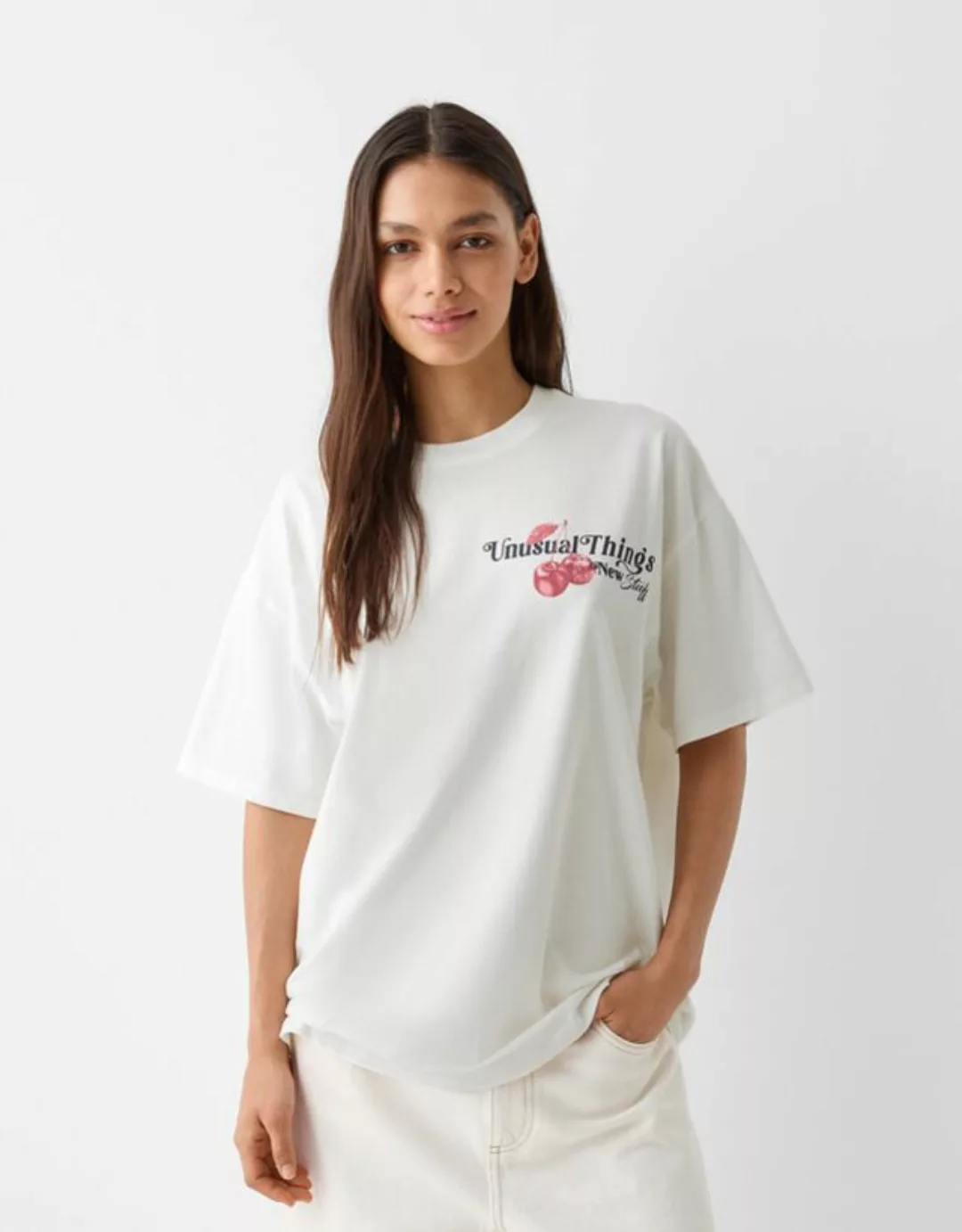 Bershka T-Shirt Mit Print Damen S Rohweiß günstig online kaufen
