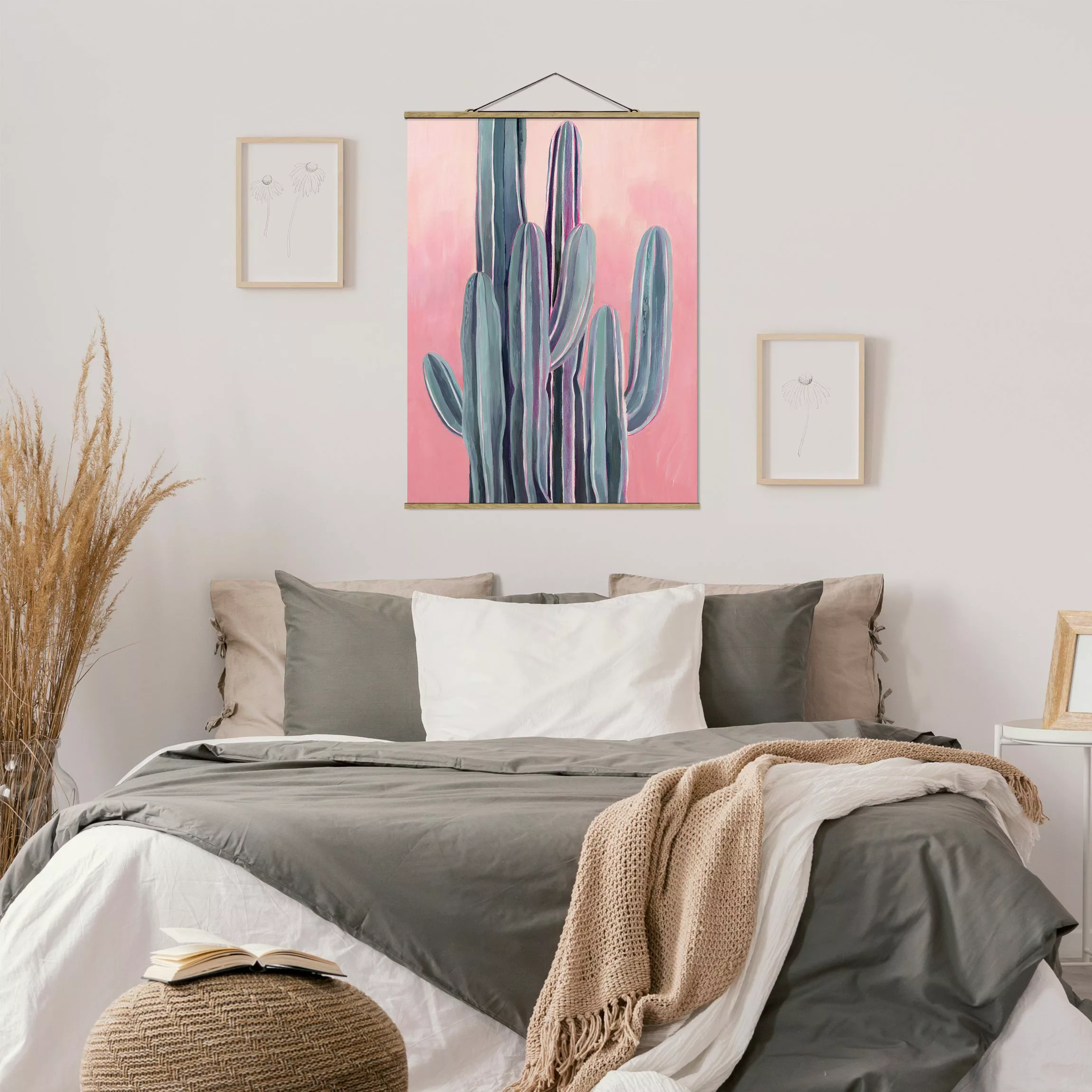 Stoffbild Blumen mit Posterleisten - Hochformat Kaktus auf Rosa II günstig online kaufen