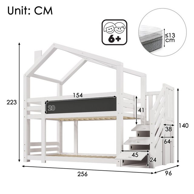 Flieks Etagenbett, Hochbett Hausbett mit Stauraumtreppe und Tafel Kiefer 90 günstig online kaufen