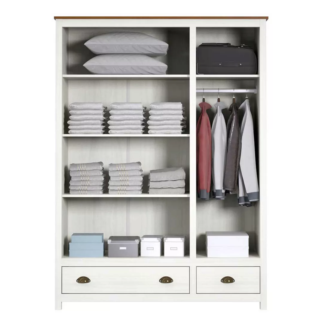 Kleiderschrank Kiefer Weiß Landhaus mit zwei Schubladen 185 cm hoch günstig online kaufen