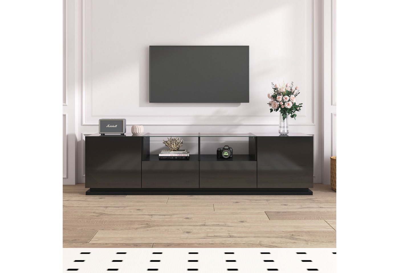WISHDOR TV-Schrank Lowboard hochglanz mit Glastischplatte und LED, mit Türe günstig online kaufen