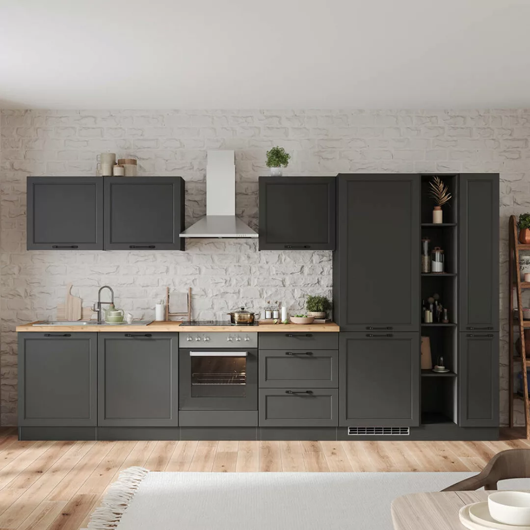 Küchenzeile 360 cm mit E-Geräten in grau, Arbeitsplatte in Eiche, MONTERREY günstig online kaufen