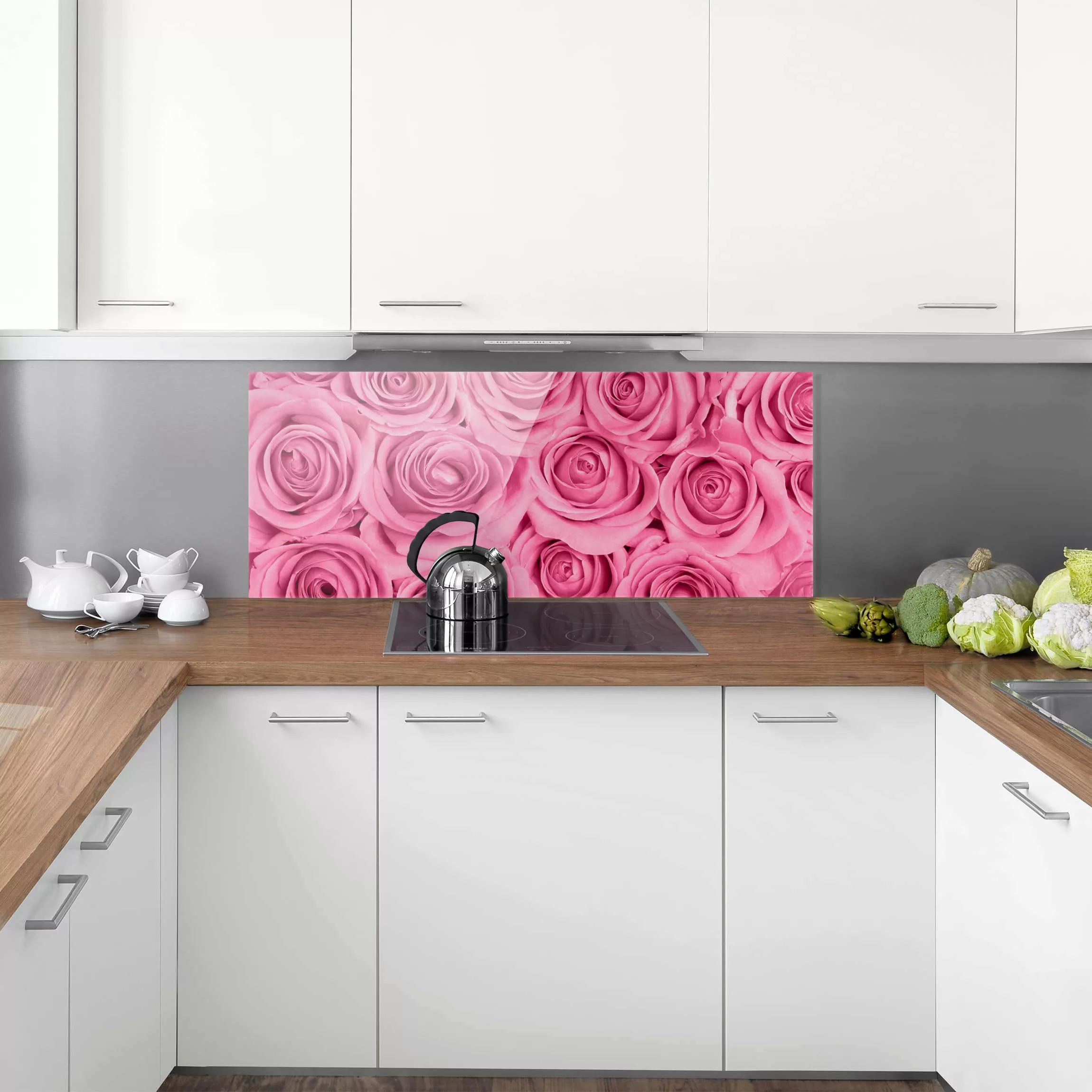 Glas Spritzschutz Blumen - Panorama Rosa Rosen günstig online kaufen
