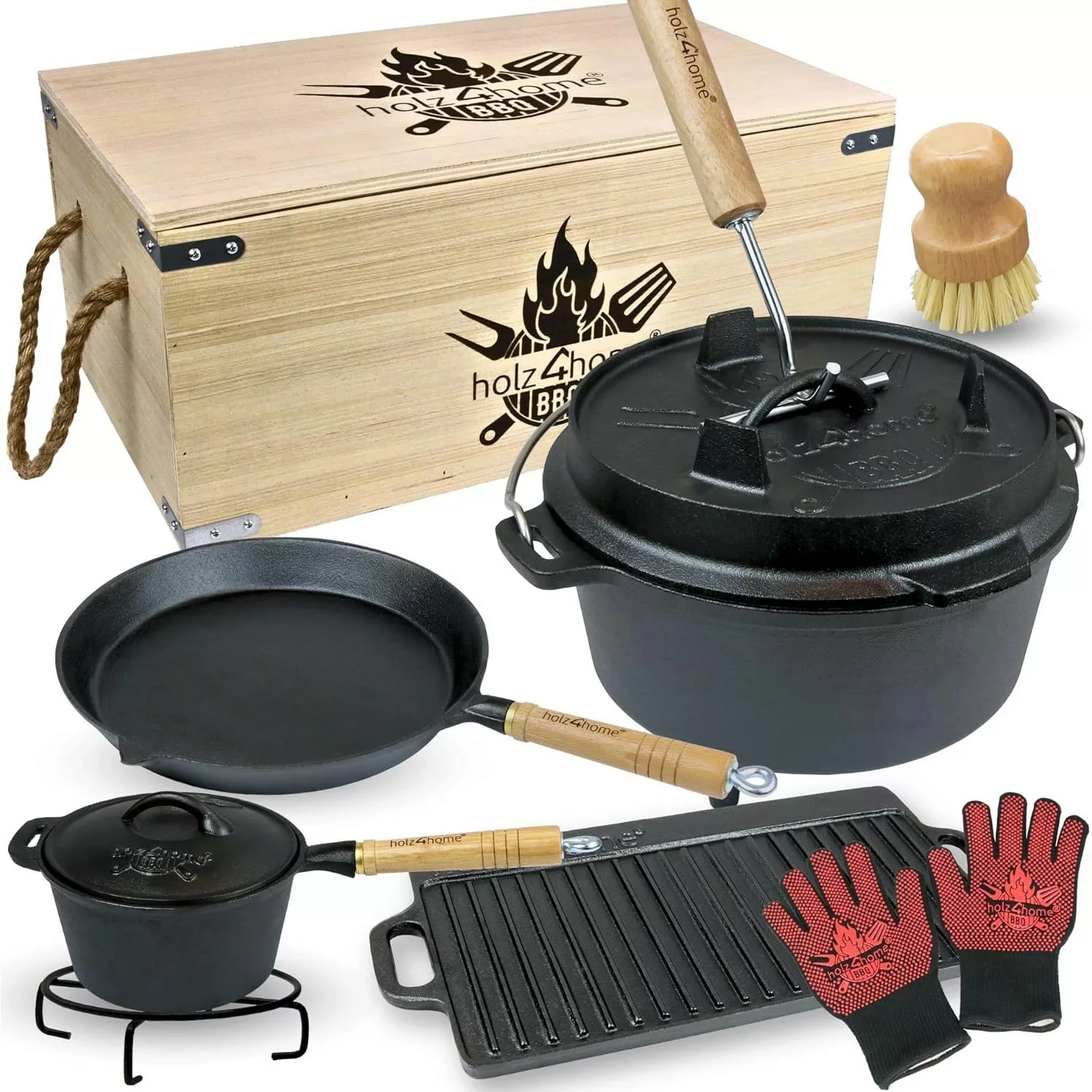 holz4home Dutch Oven Set 9teilig in Holzkiste 3,6L Feuertopf Viel Zubehör K günstig online kaufen