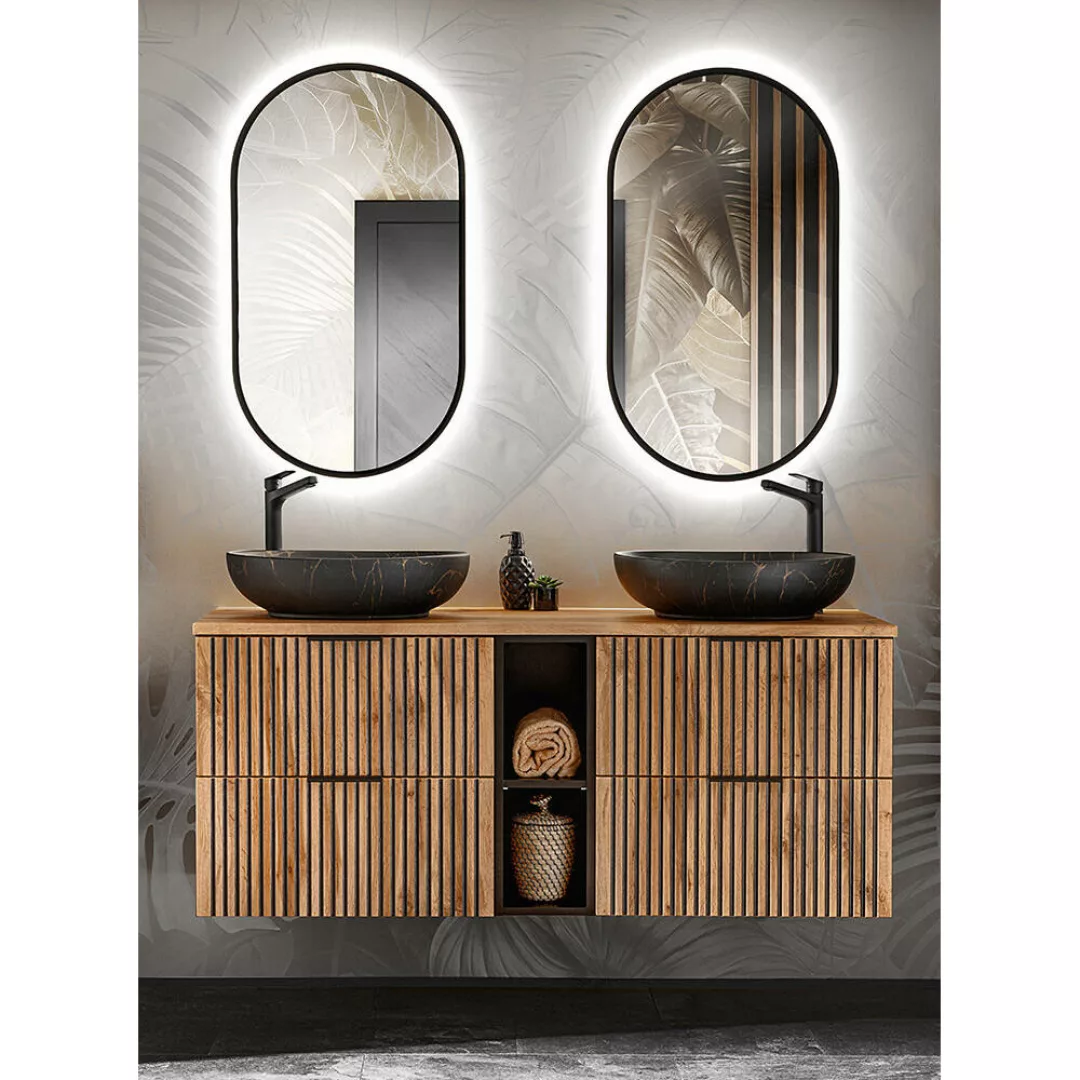 Badezimmer Waschplatz Set Doppelwaschtisch mit Regal, LED Spiegel XANTEN-56 günstig online kaufen