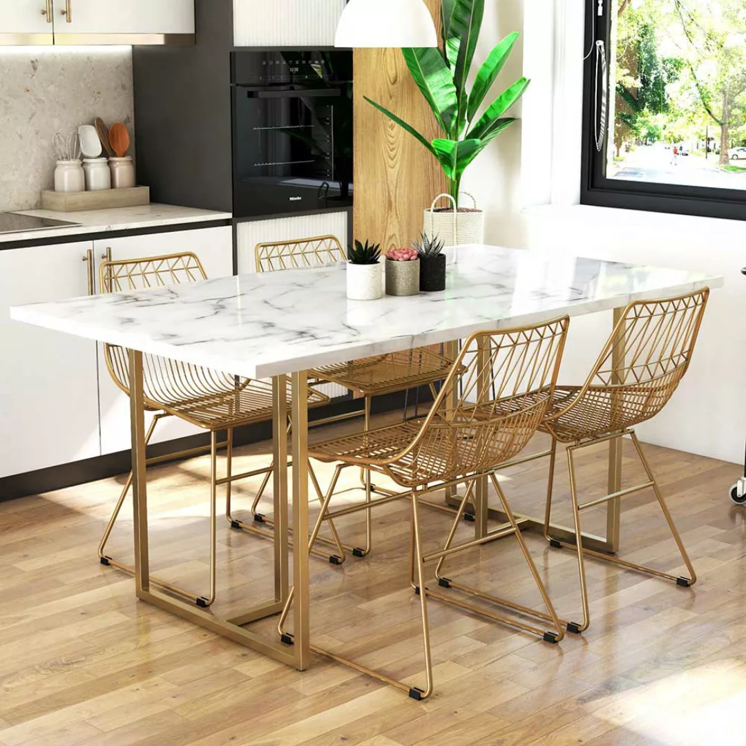 Tisch Esszimmer modern in Weiß und Gold Metall Bügelgestell günstig online kaufen