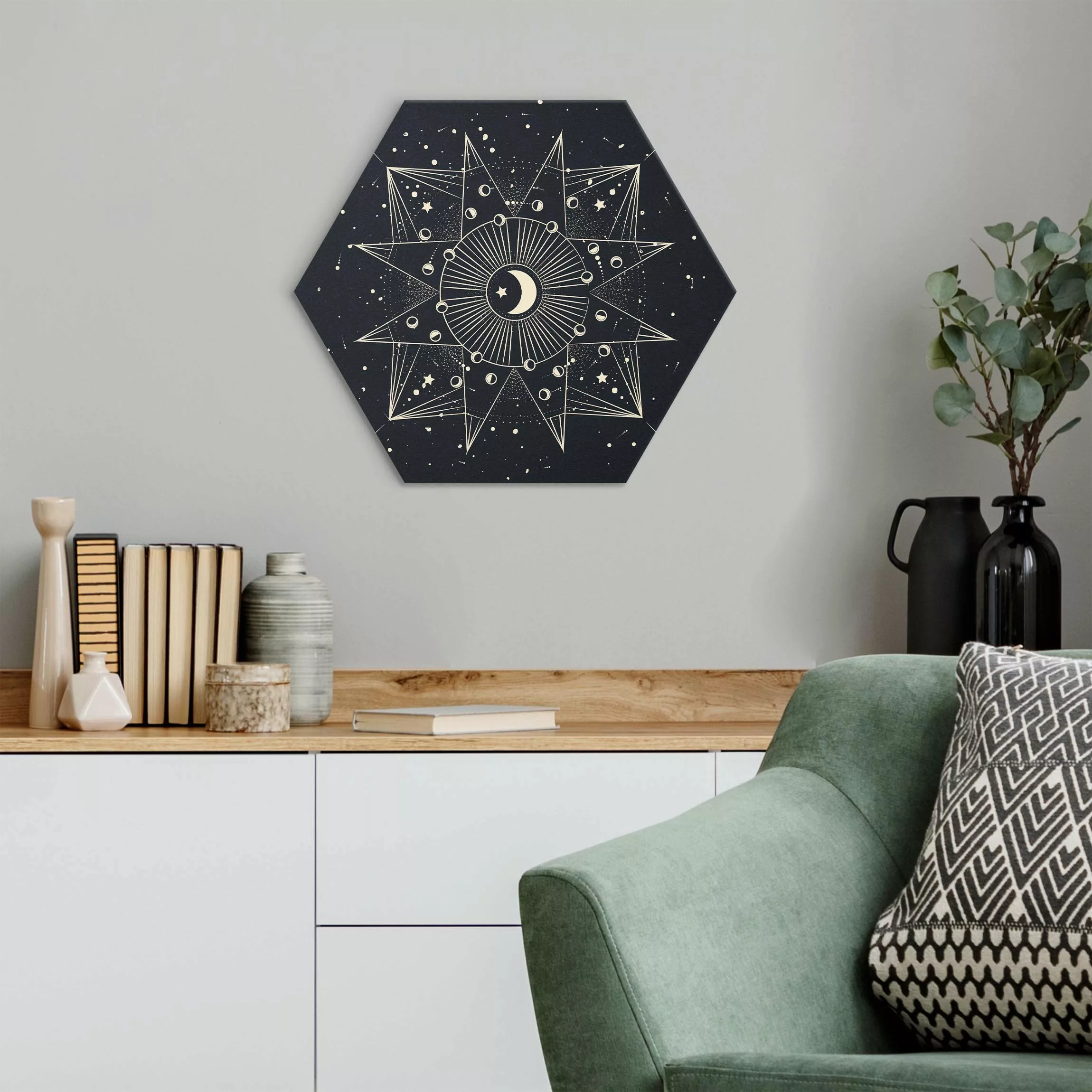 Hexagon-Alu-Dibond Bild Astrologie Mond Magie Blau Gold günstig online kaufen