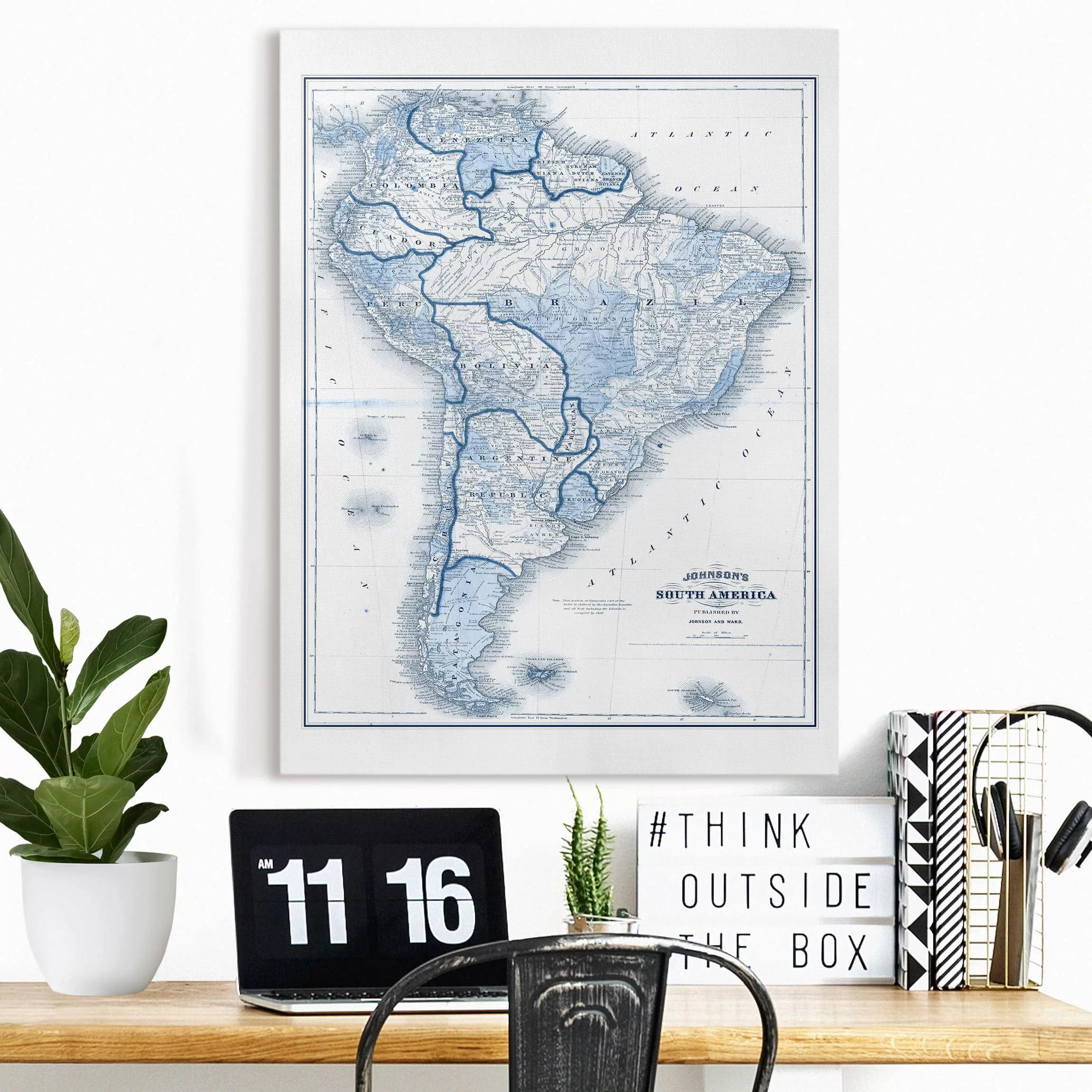 Leinwandbild Landkarte - Hochformat Karte in Blautönen - Südamerika günstig online kaufen