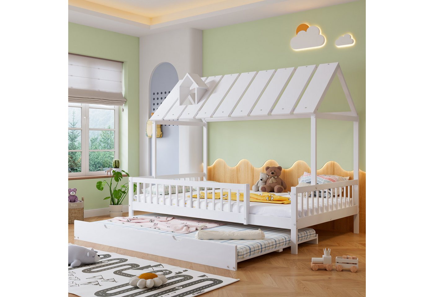 MODFU Kinderbett Hausbett (Jugendbett, mit 3-seitigem Gitter, mit Rollbett, günstig online kaufen