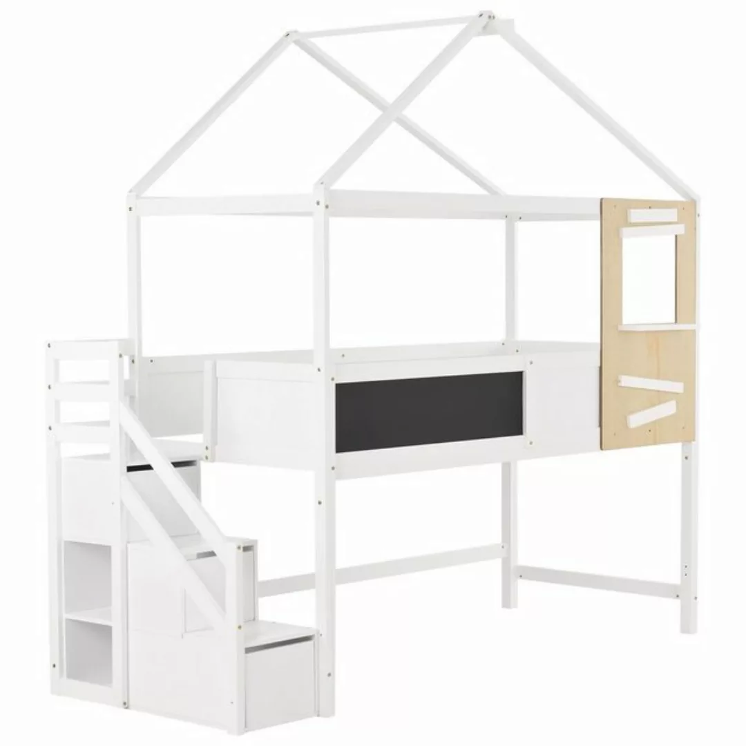 Odikalo Kinderbett Hausbett, m. Treppe Fenster Lattenrost, m. 3 Schubladen, günstig online kaufen