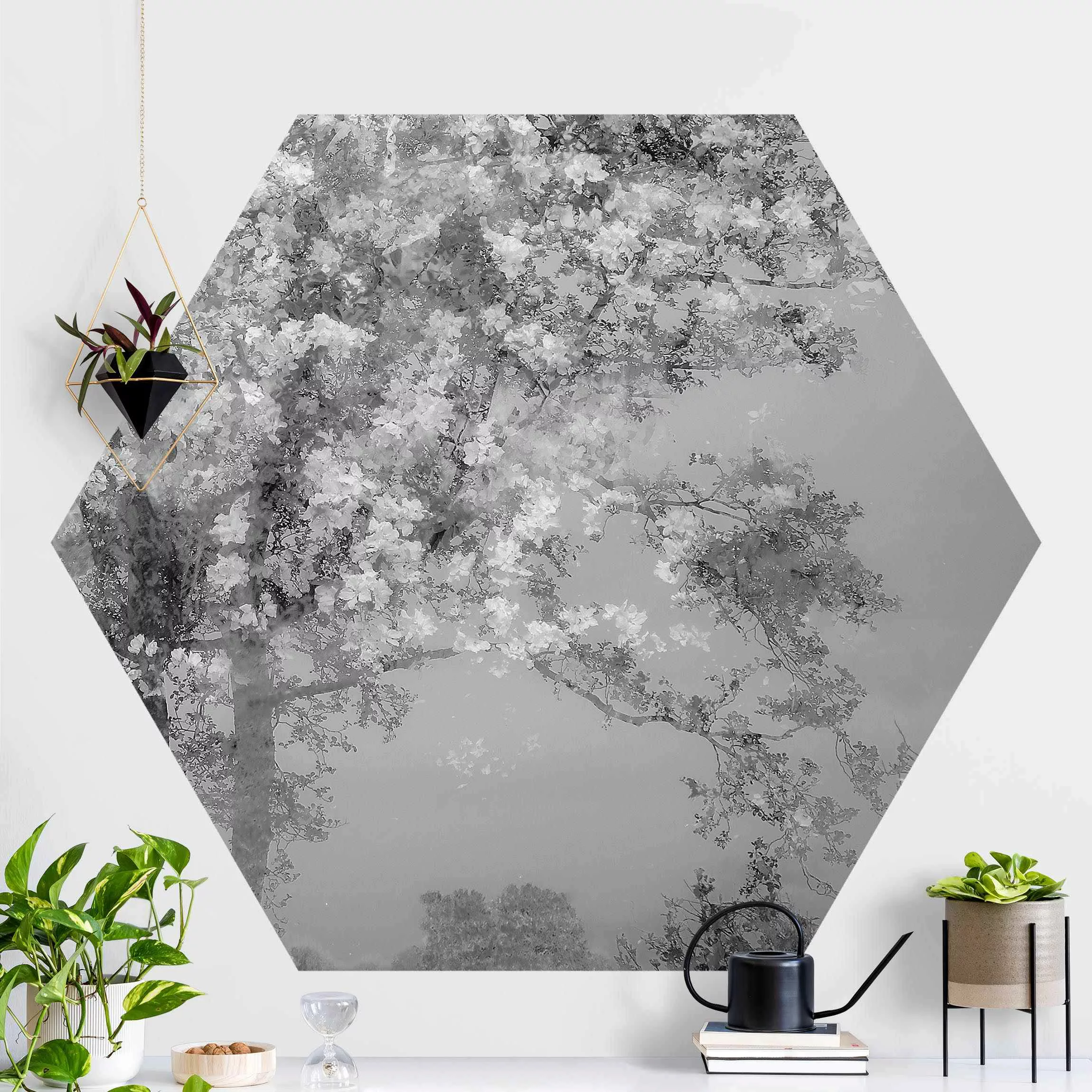 Hexagon Mustertapete selbstklebend Verträumte Bäume in Schwarz-weiß günstig online kaufen