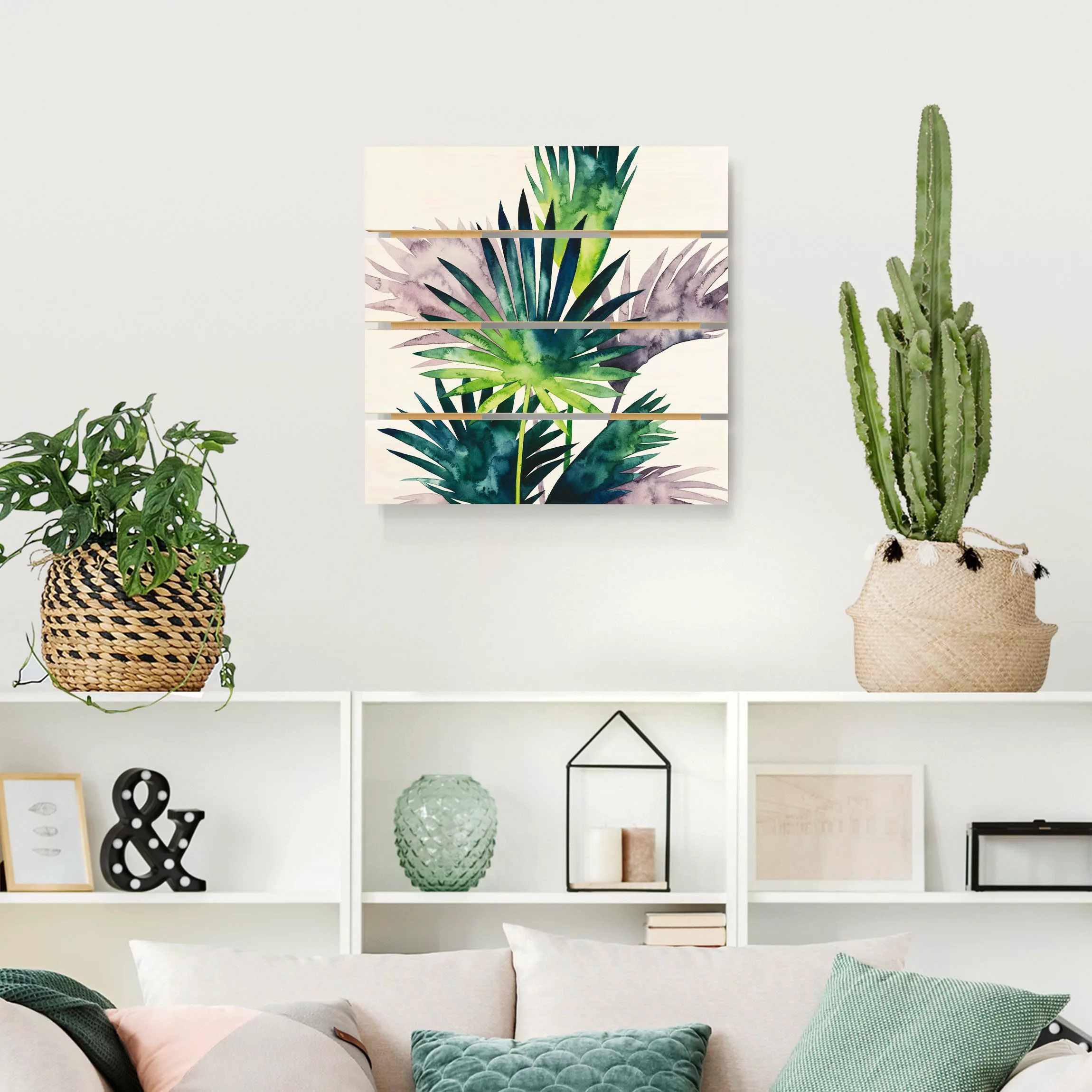 Holzbild Plankenoptik Blumen - Quadrat Exotisches Blattwerk - Fächerpalme günstig online kaufen