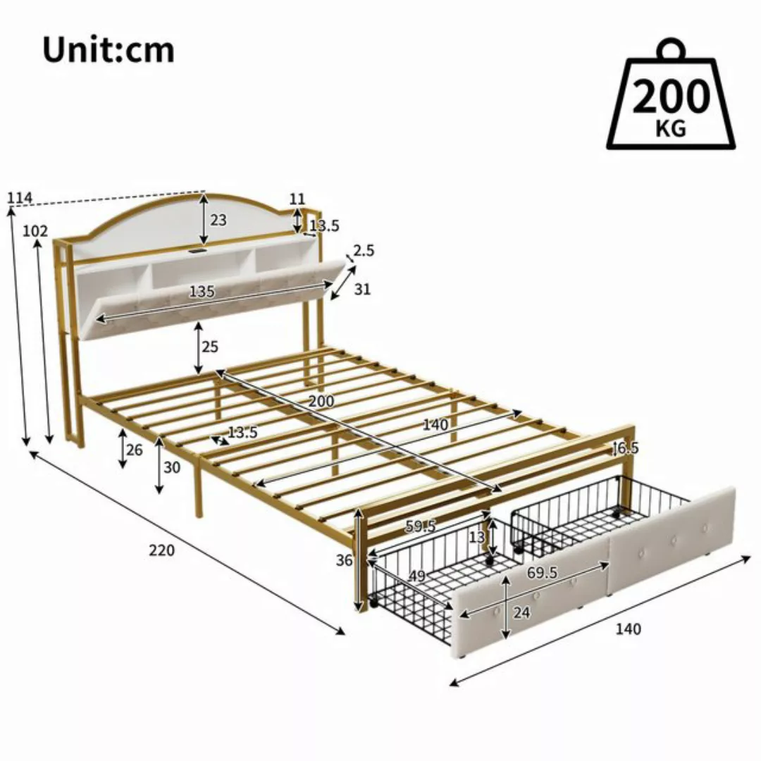 Flieks Metallbett, Metallbett Doppelbett 140x200cm mit USB-Aufladen und 2 S günstig online kaufen