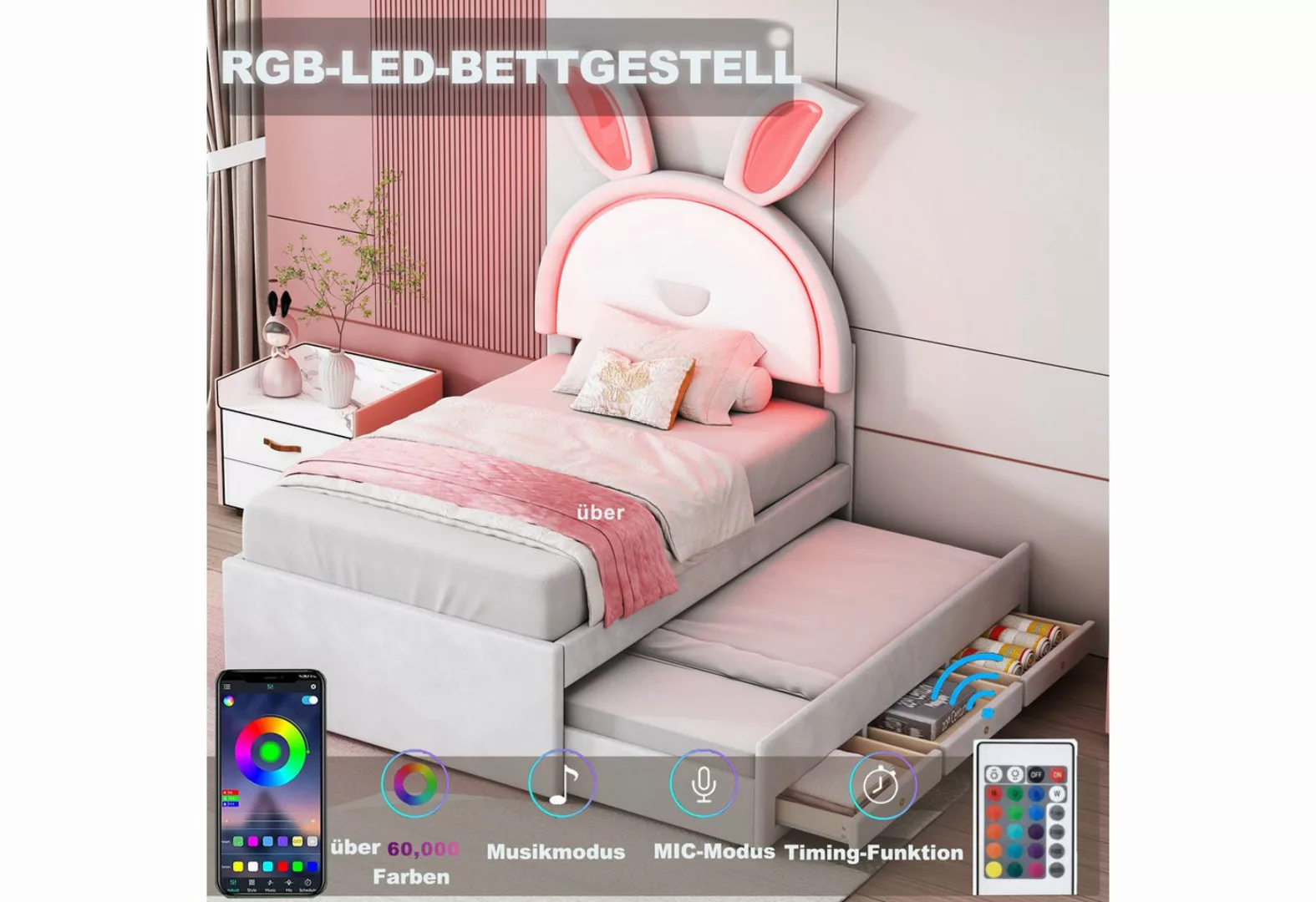 Ulife Kinderbett Polsterbett Stauraumbett mit ausziehbarem Bett und LED-Lic günstig online kaufen