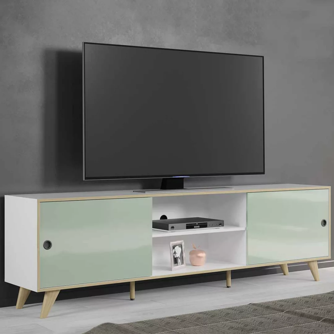 Skandi Stil TV Lowboard in Weiß und Mintgrün Hochglanz 217 cm breit günstig online kaufen