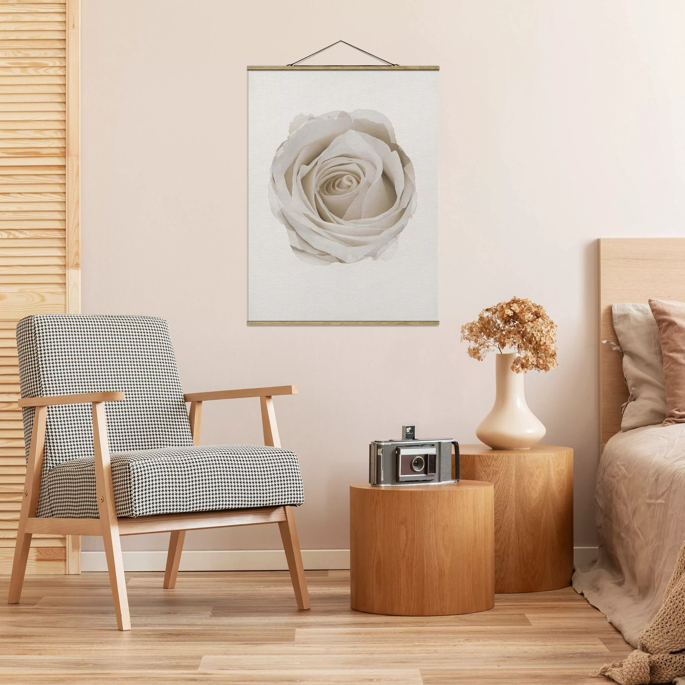 Stoffbild Blumen mit Posterleisten - Hochformat Wasserfarben - Pretty White günstig online kaufen