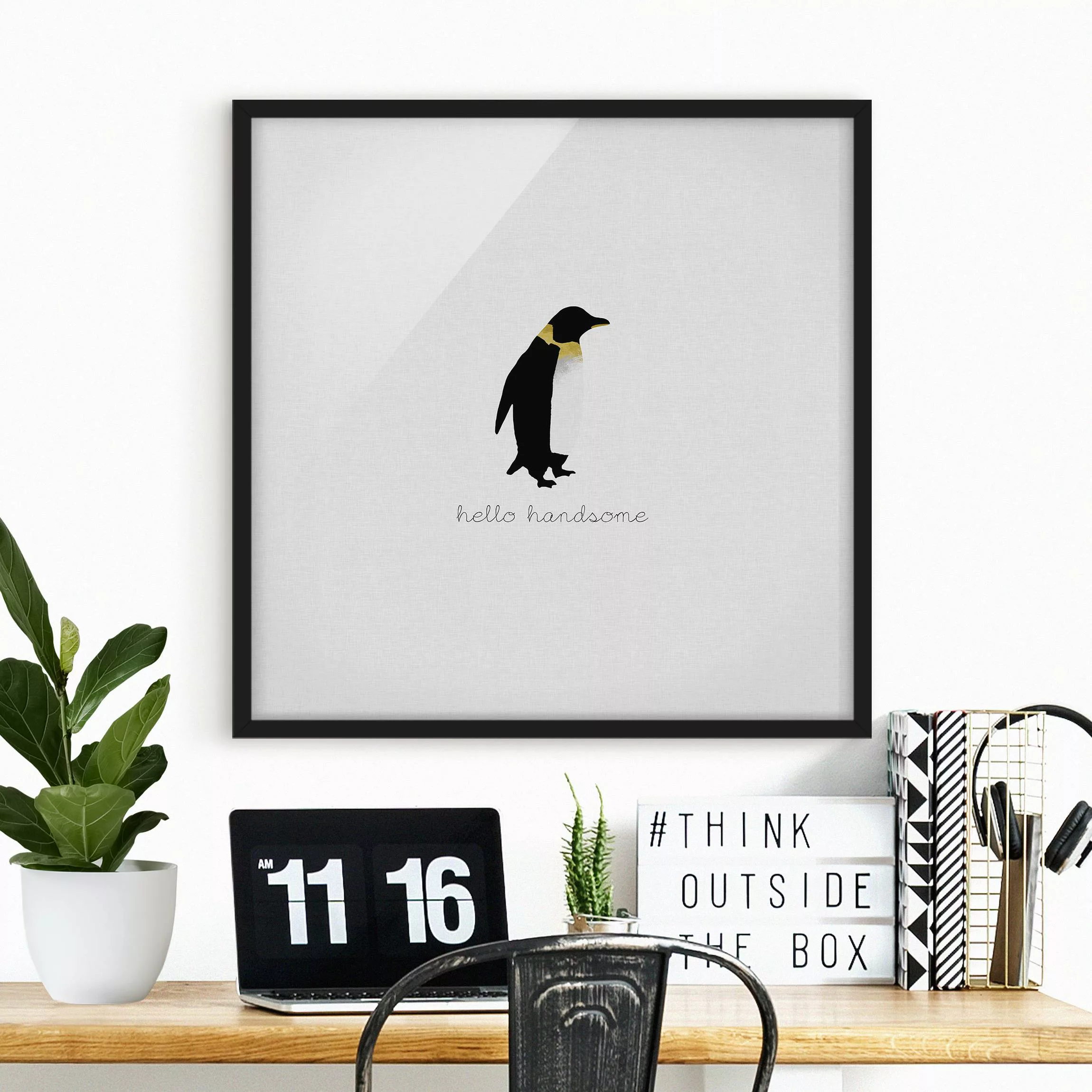 Bild mit Rahmen Pinguin Zitat Hello Handsome günstig online kaufen