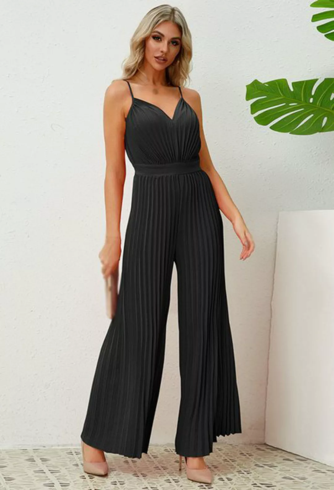 CHENIN 7/8-Overall Hosenträger-Plissee-Jumpsuit mit V-Ausschnitt Vielseitig günstig online kaufen