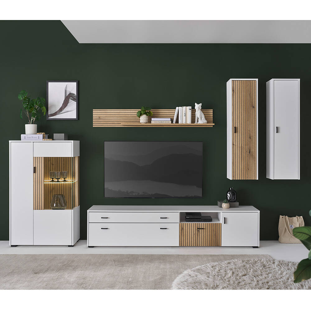 Wohnwand mit 200cm Lowboard weiß matt Eiche gerillt HUNTER-61, 5-teilig günstig online kaufen