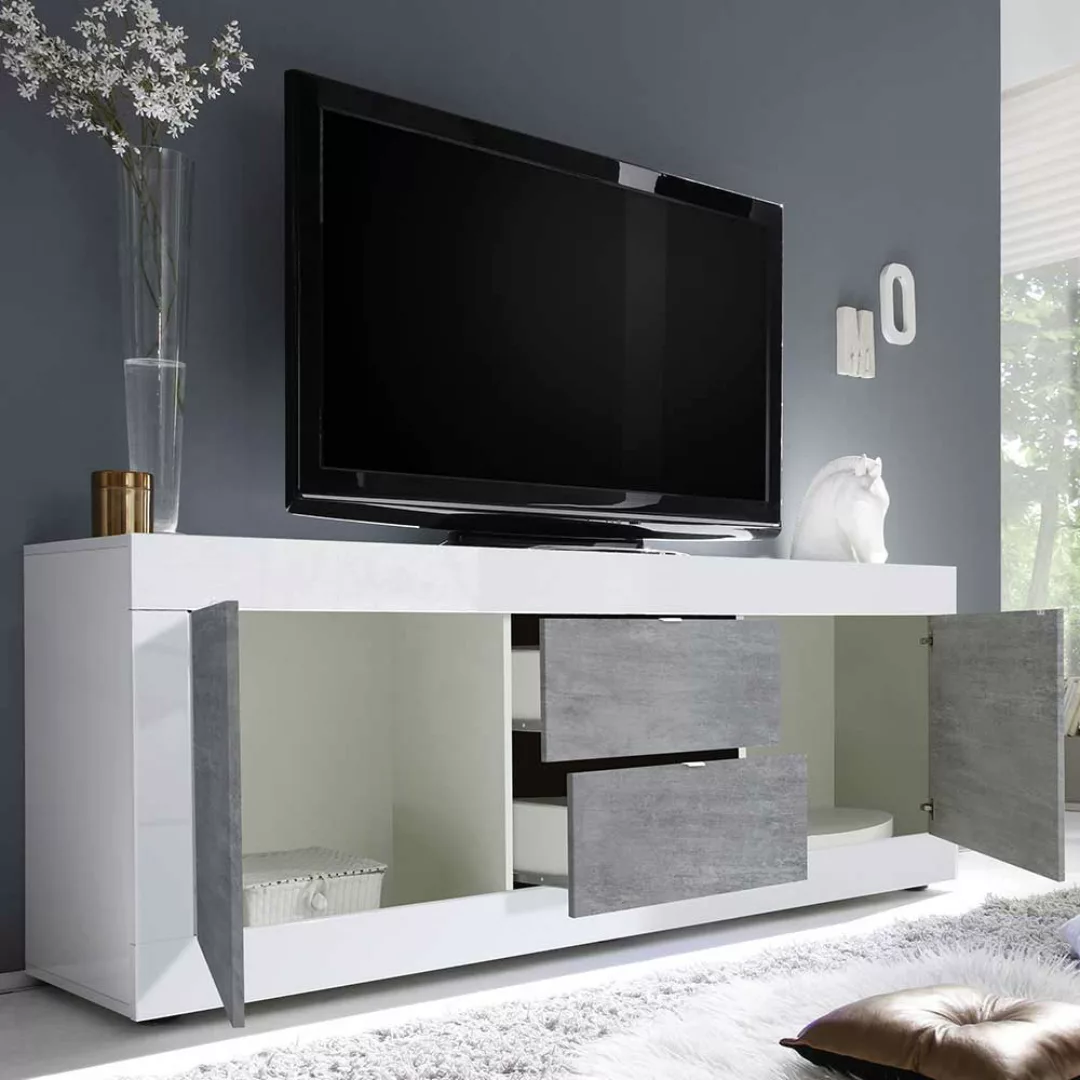 Fernseh Lowboard in Weiß und Beton Grau zwei Türen und Schubladen günstig online kaufen