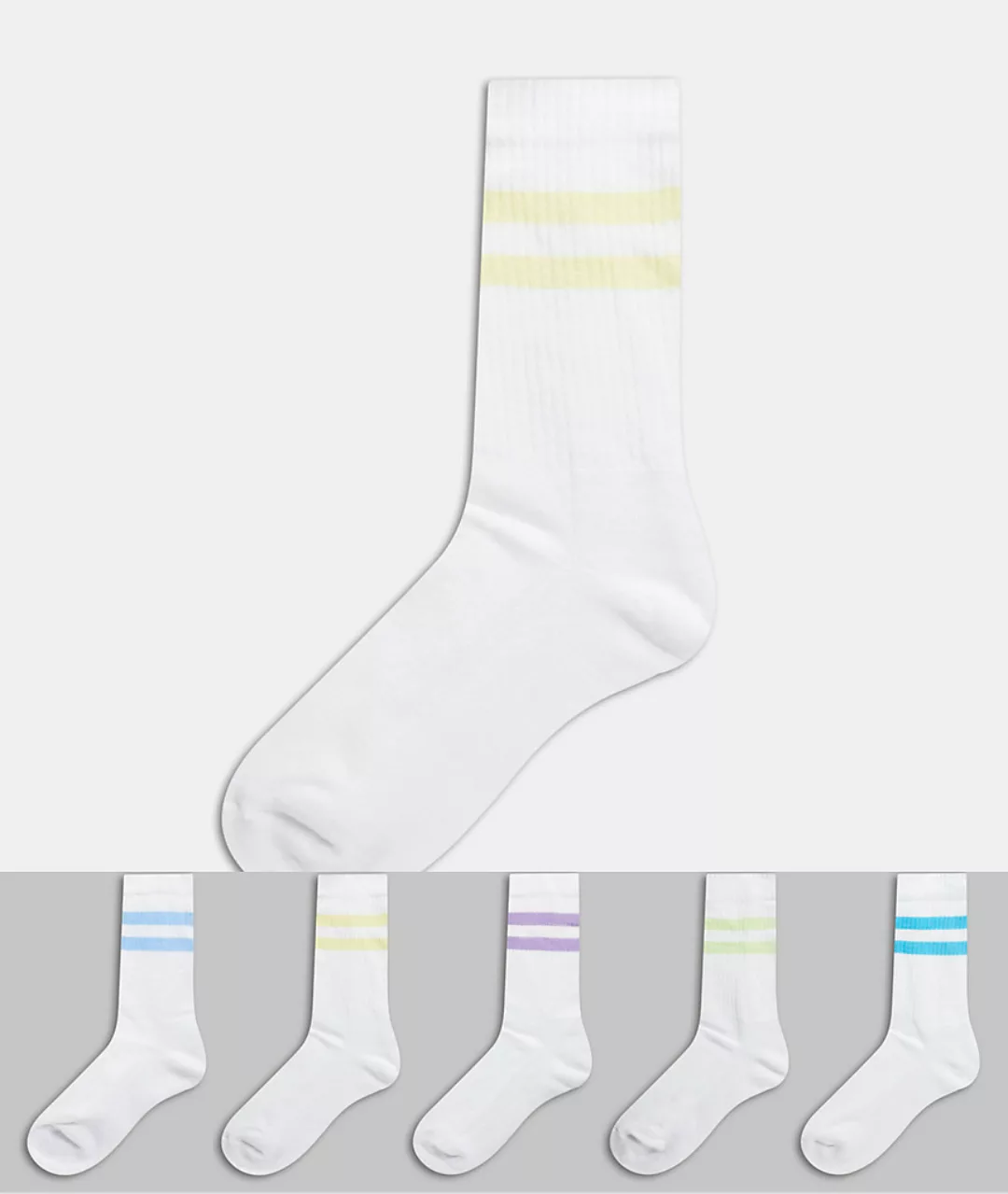ASOS DESGN – Sportsocken mit mehrfarbigen Streifen im 5er-Pack-Weiß günstig online kaufen